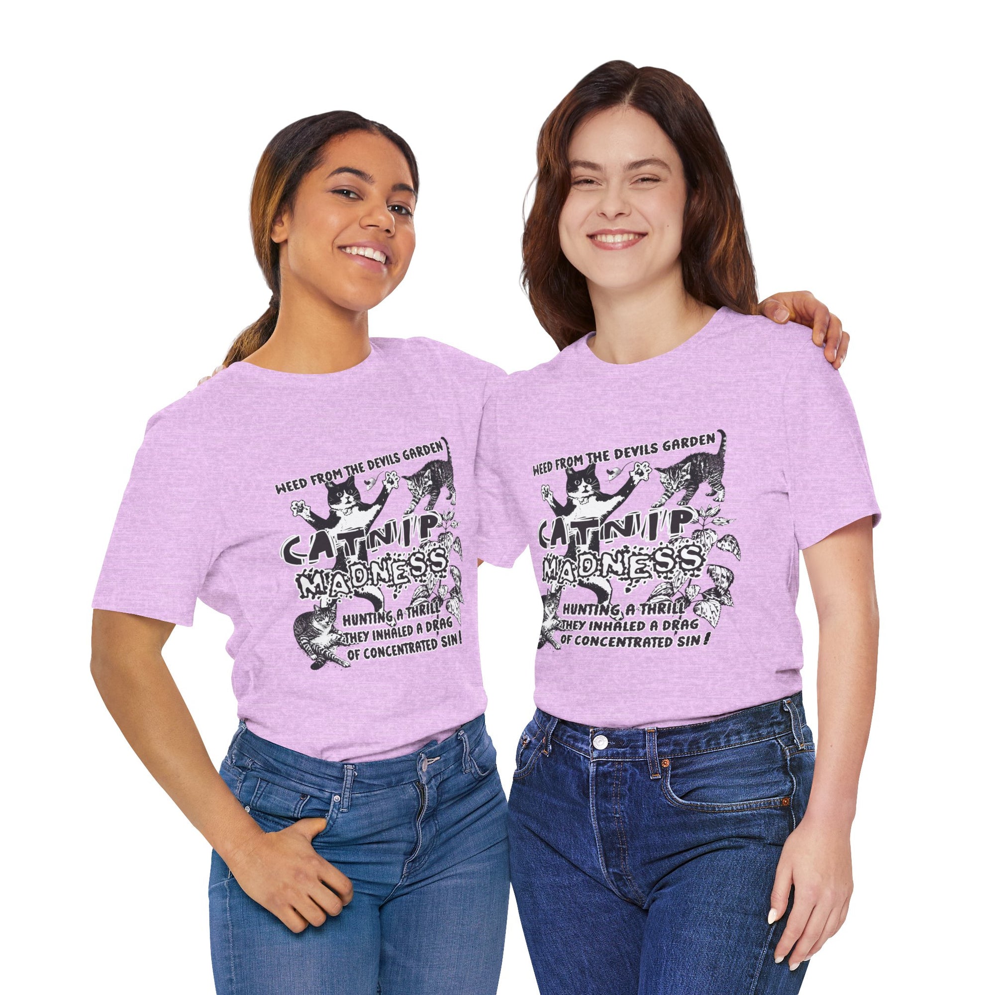 Two people wearing purple t-shirts with graphic design and text.