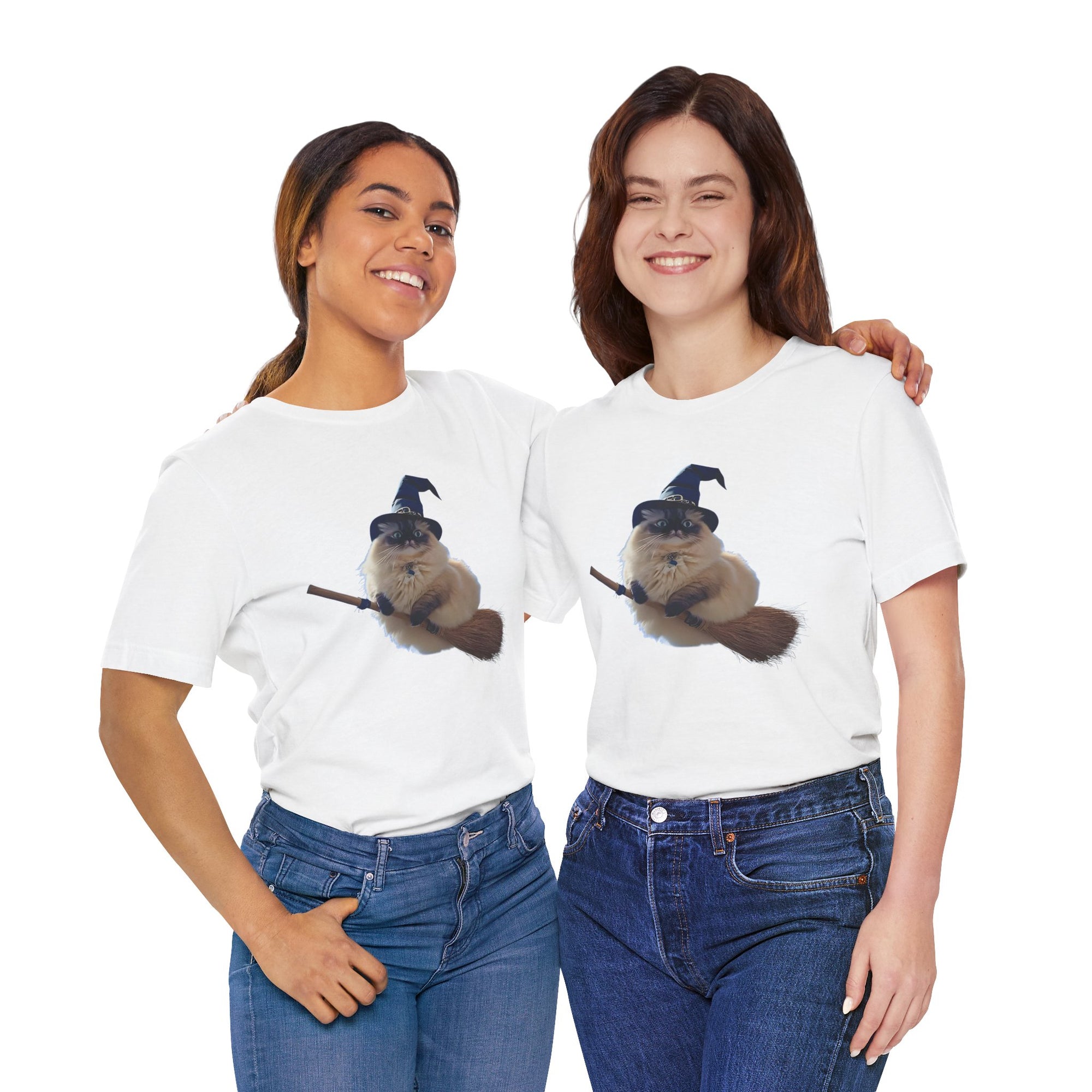 Two people wearing white t-shirts with a graphic of a cat in a witch hat and broom.