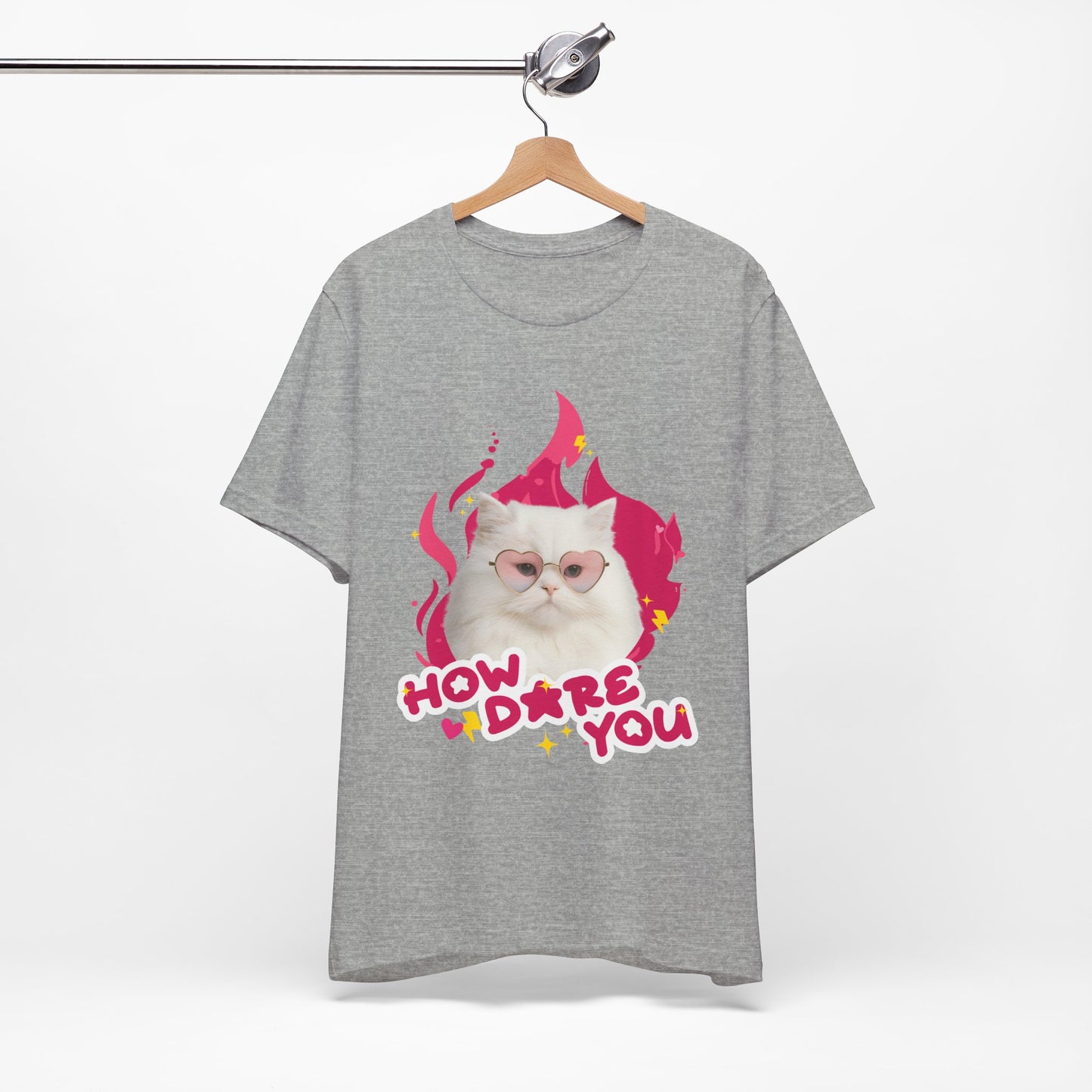 Gray t-shirt with a cat graphic and text on a white background