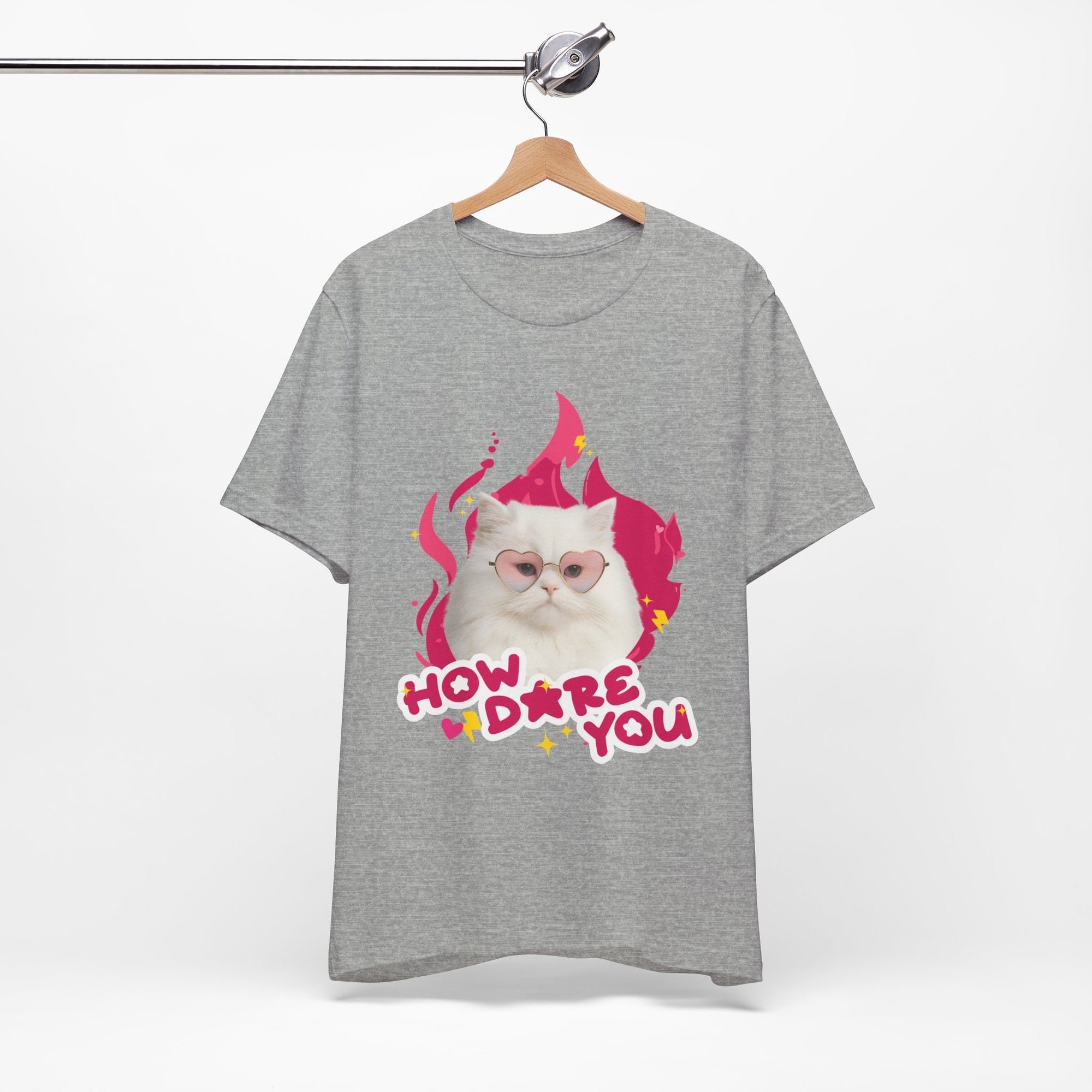 Gray t-shirt with a cat graphic and text on a white background