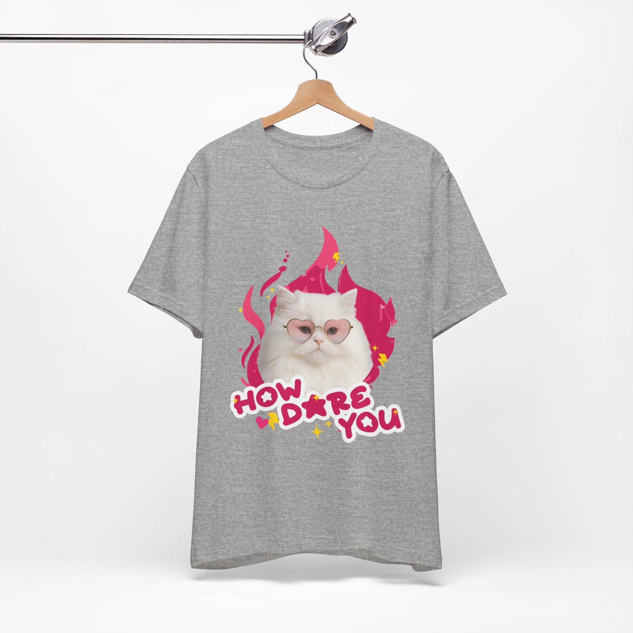 Gray t-shirt with a cat graphic and text on a white background
