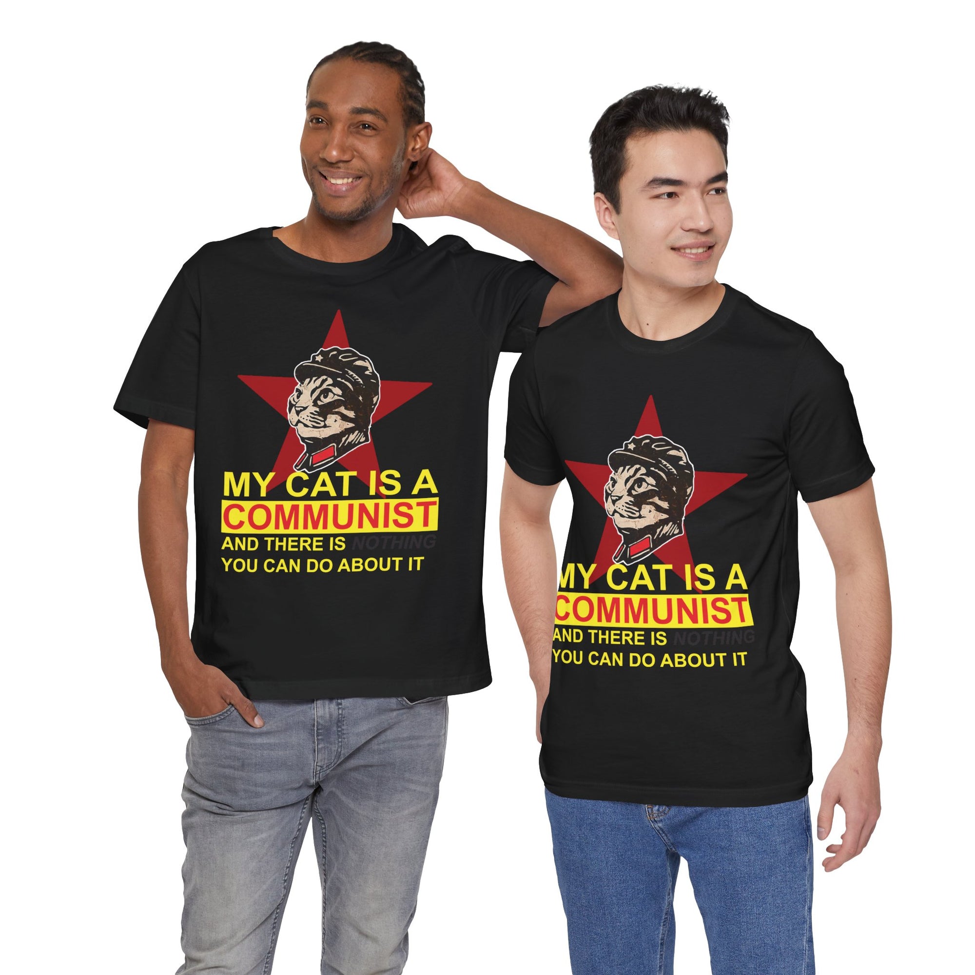 Two people wearing black t-shirts with a cat graphic and text.