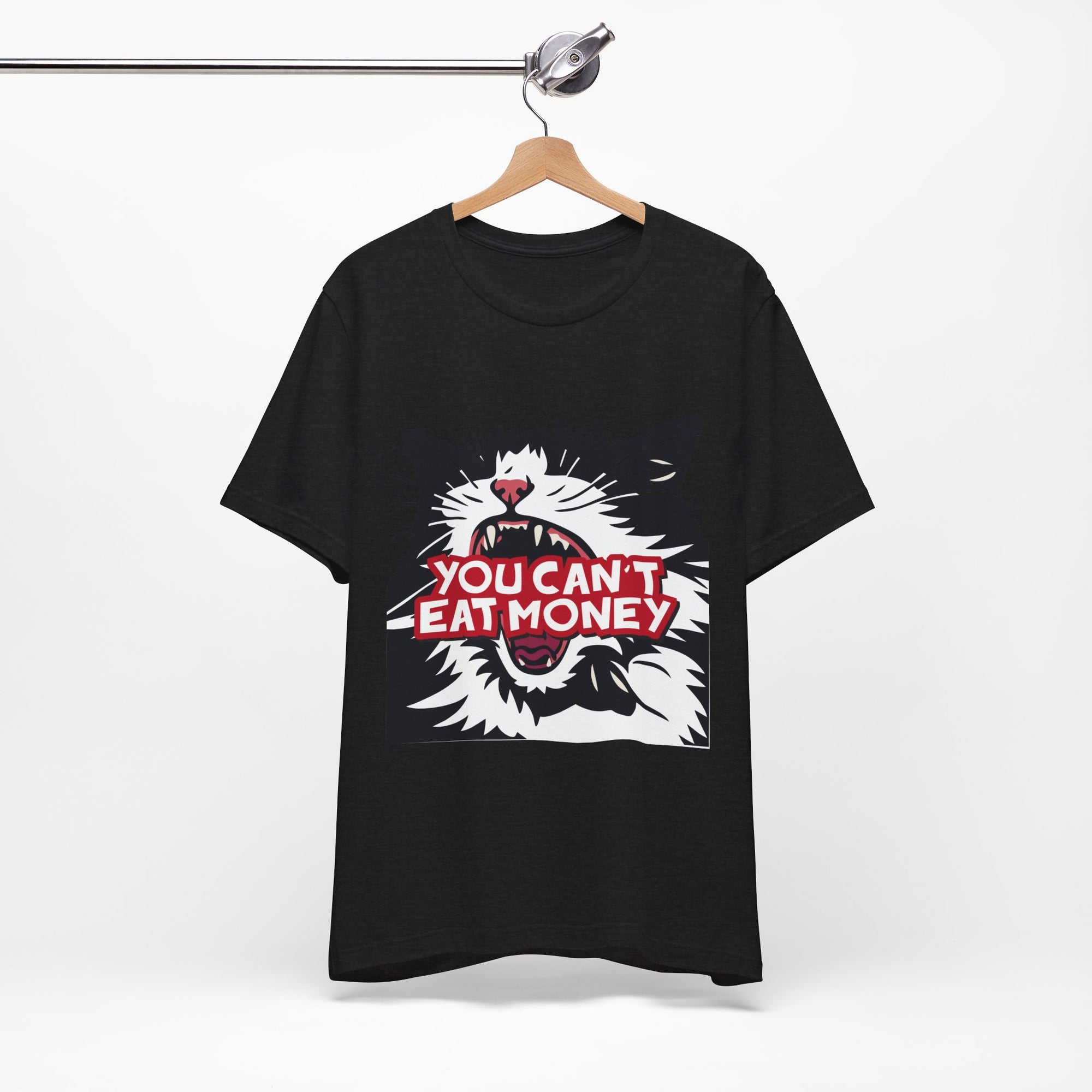 black t-shirt featuring a bold black, white, and red angry cat graphic with the phrase “You Can’t Eat Money.”

