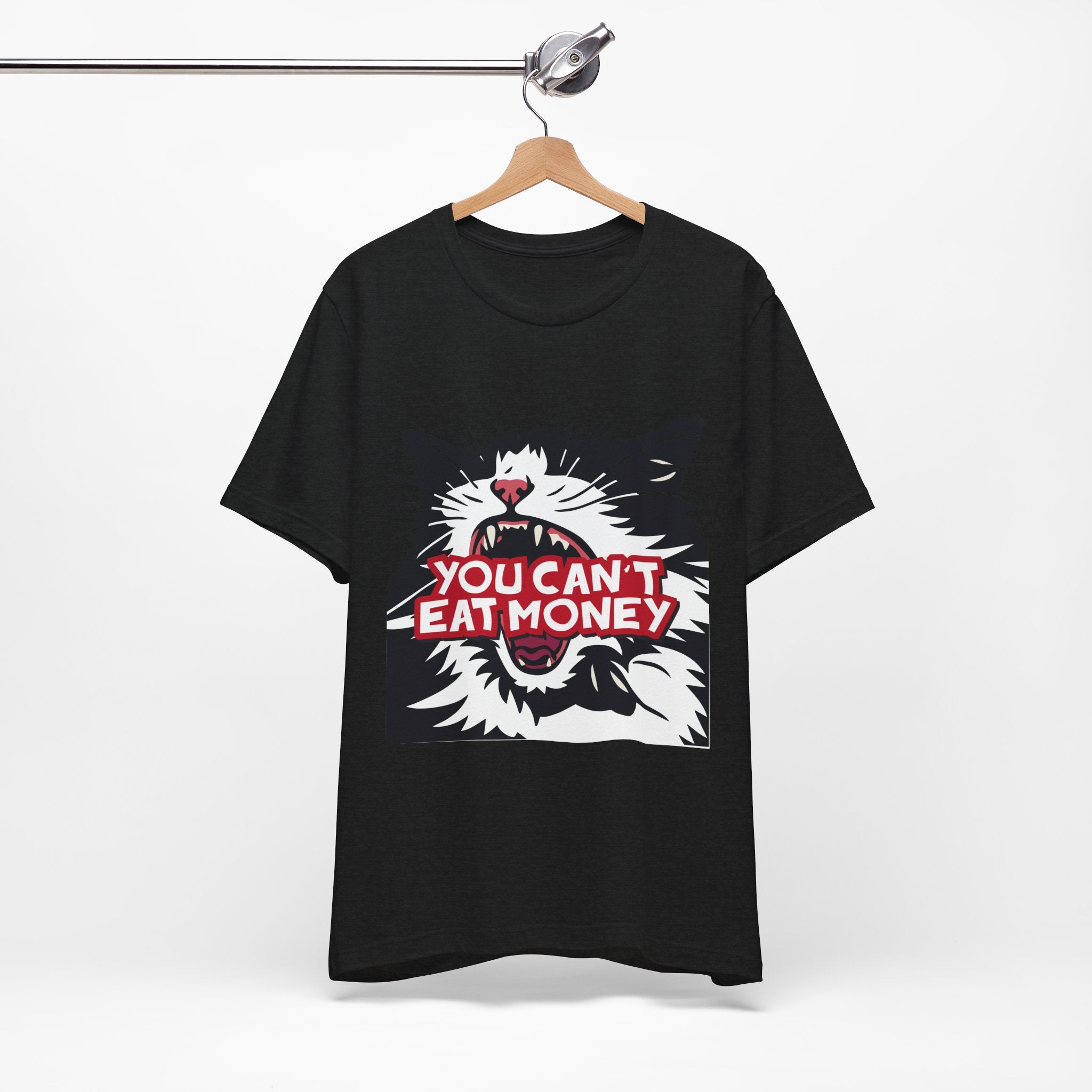 black t-shirt featuring a bold black, white, and red angry cat graphic with the phrase “You Can’t Eat Money.”
