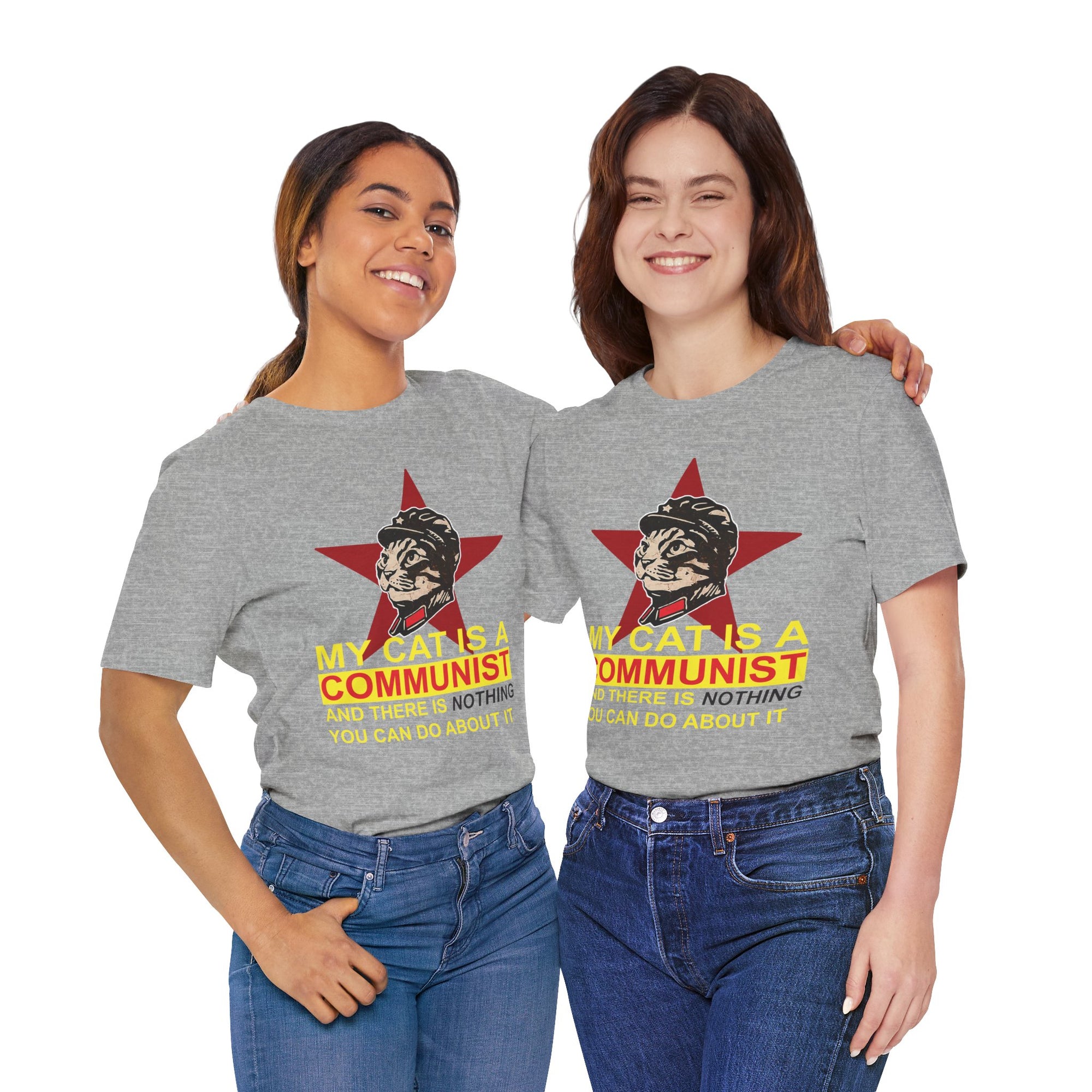 Two people wearing gray t-shirts with a graphic of a cat and text, standing side by side against a white background.