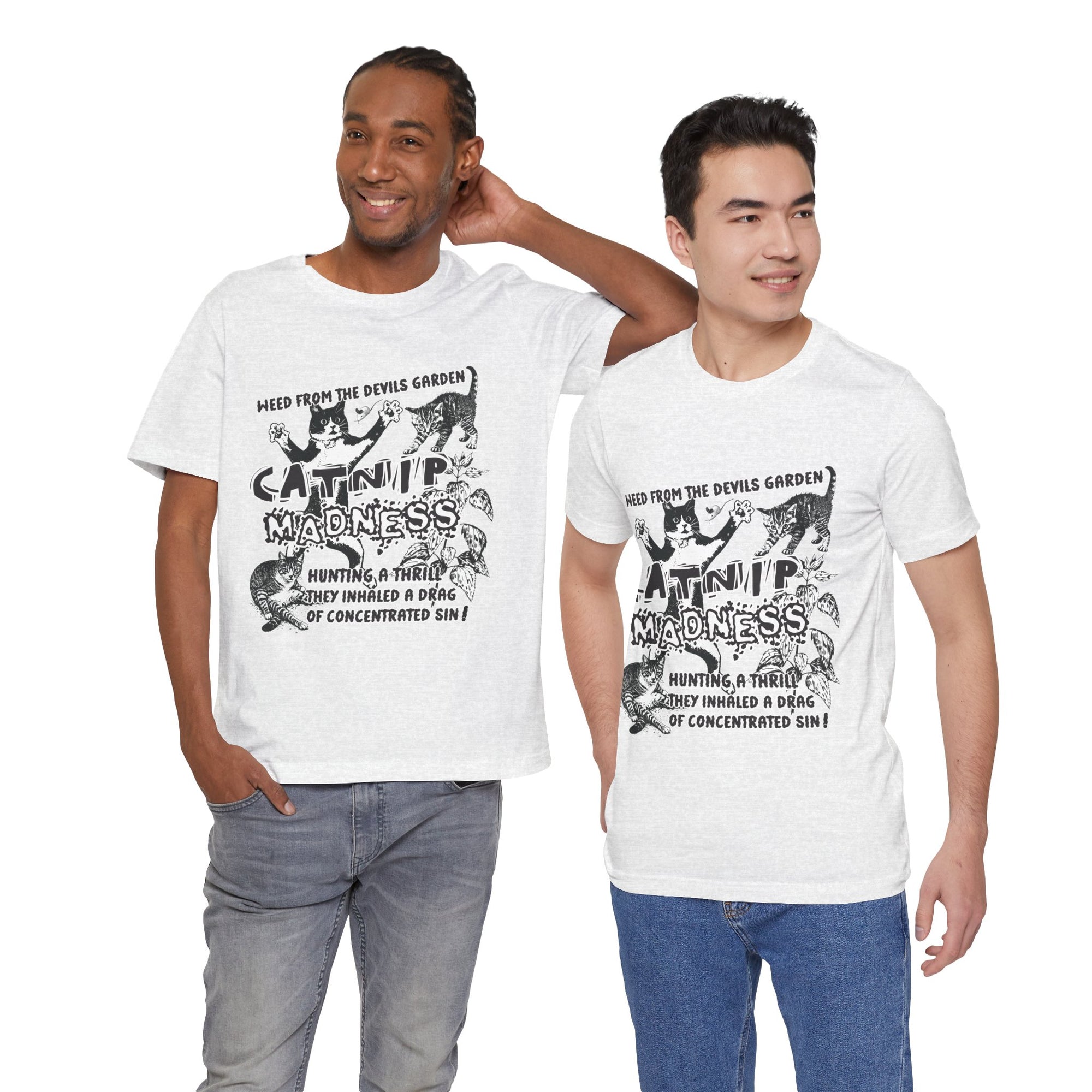 Two men wearing white t-shirts with graphic designs and text.