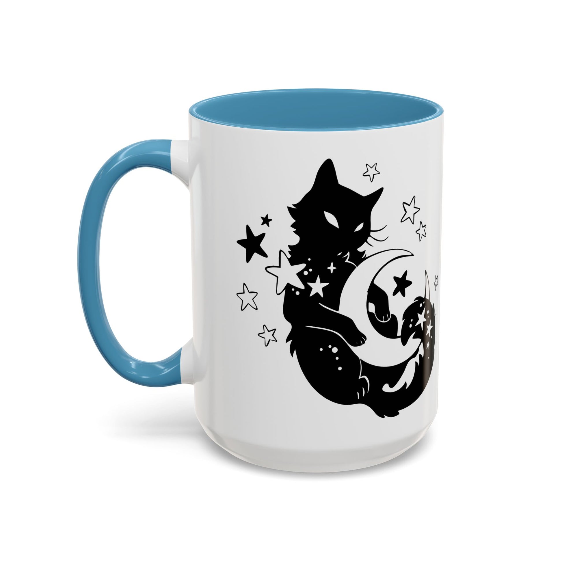 White mug with black cat and moon design on a white background