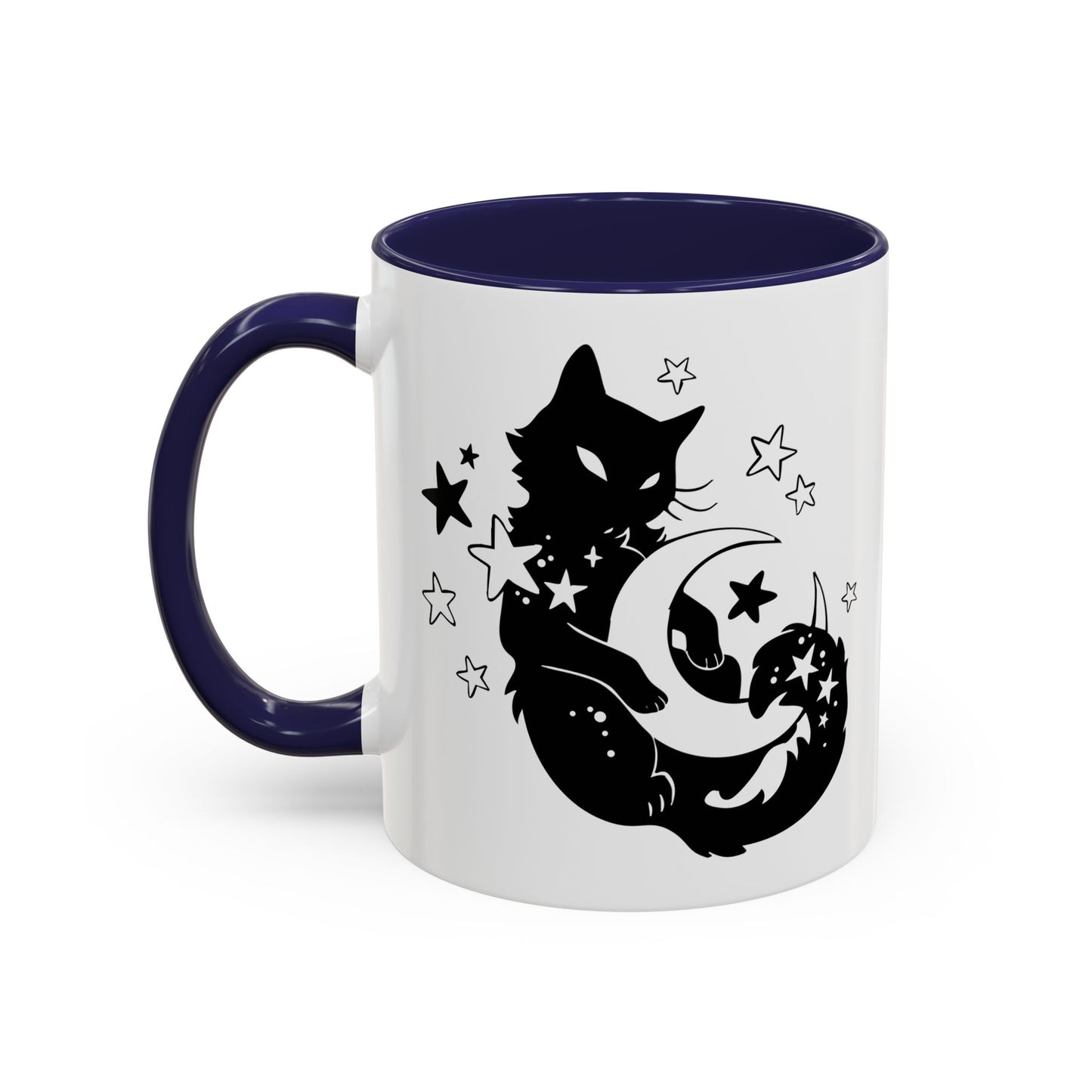 Mug with black cat and moon design on a white background