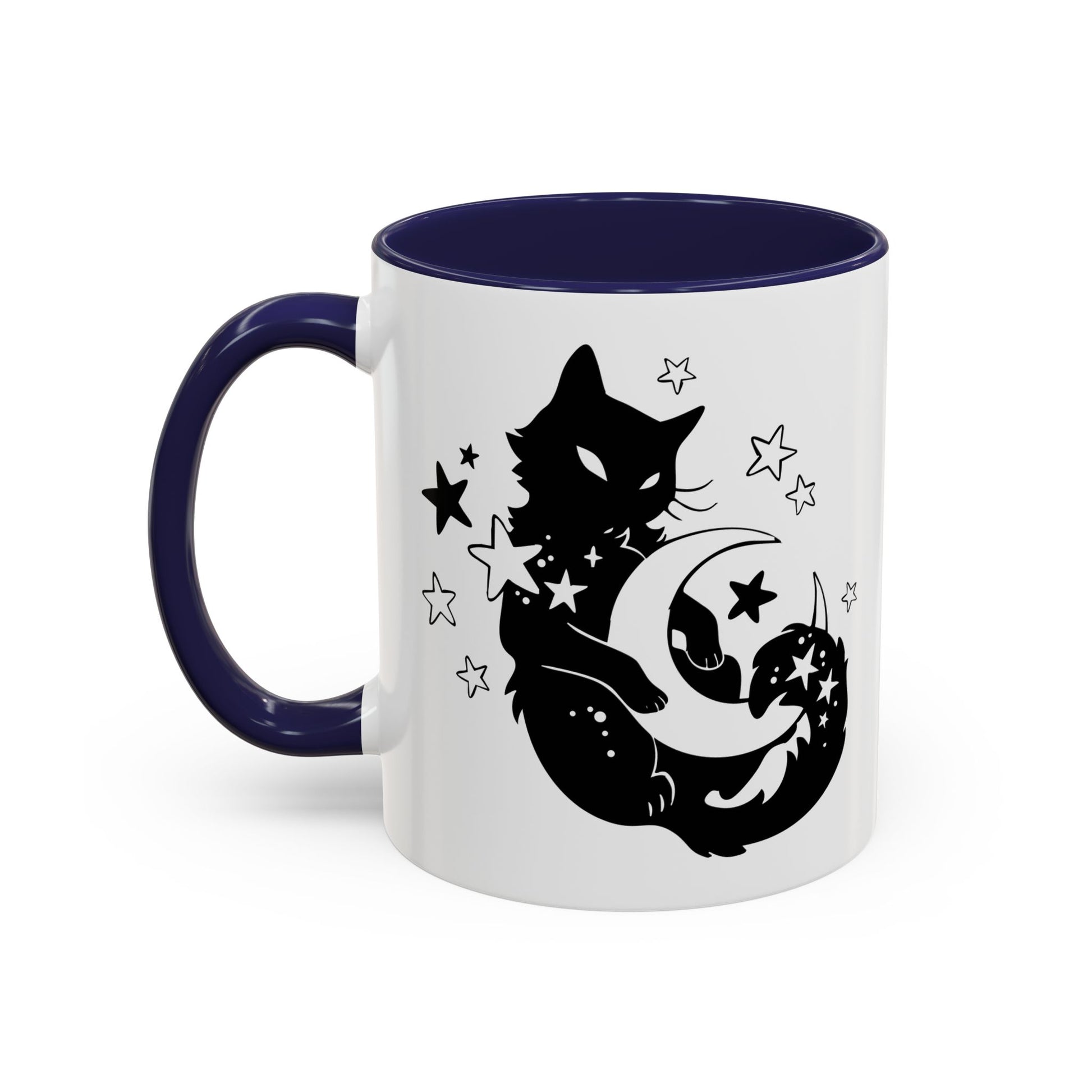Mug with black cat and moon design on a white background