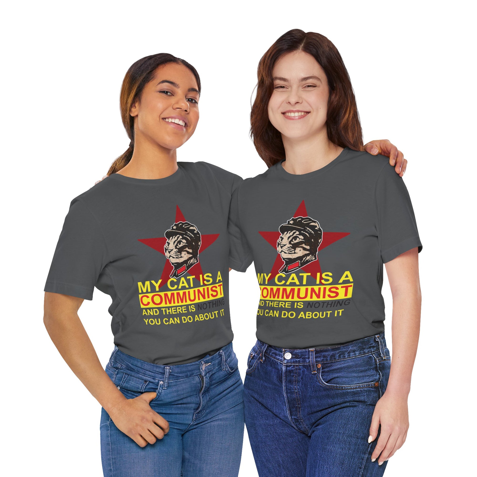 Two people wearing gray t-shirts with a graphic and text about a cat being a communist.