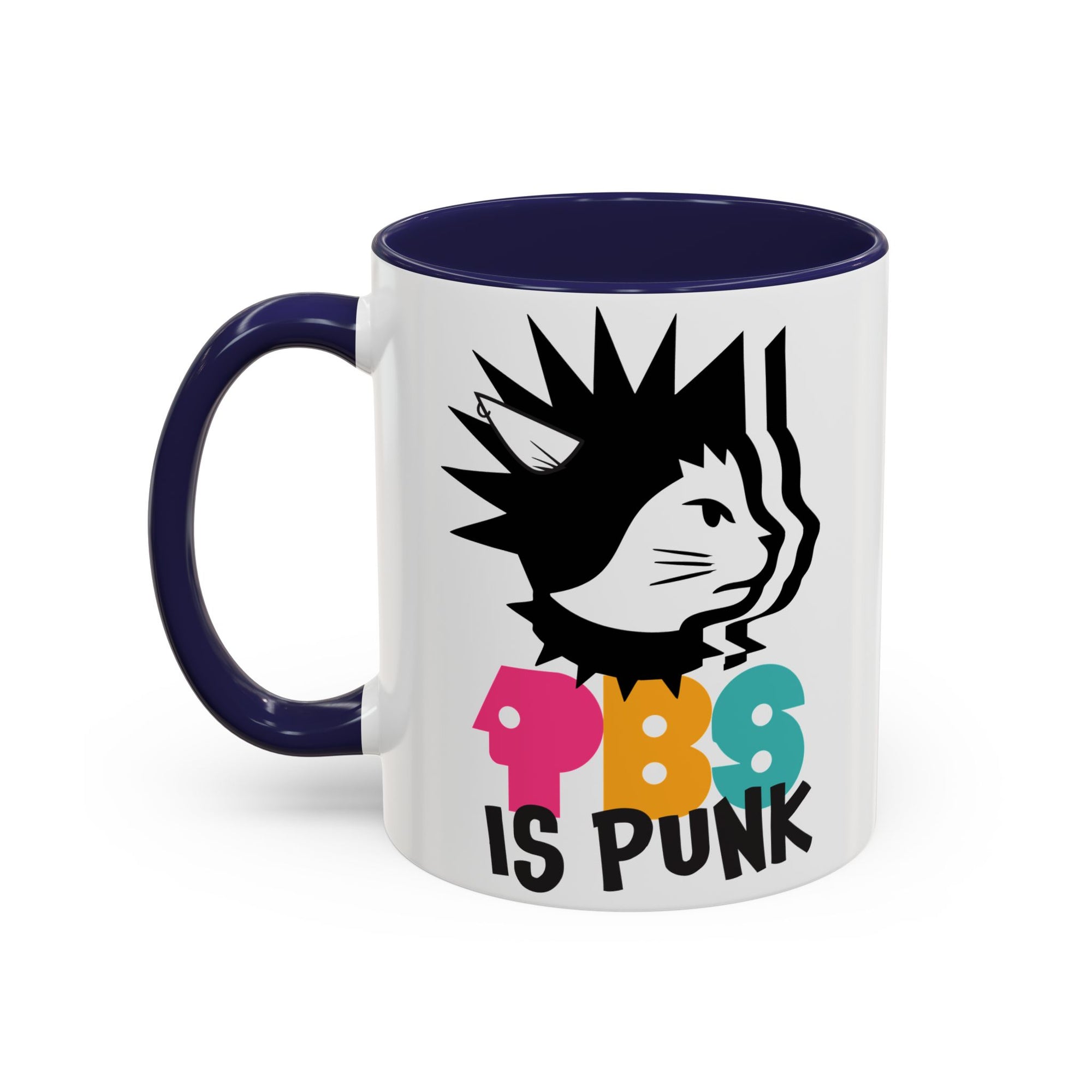 Mug with a graphic design of a cat with spiky hair and colorful text on a white background