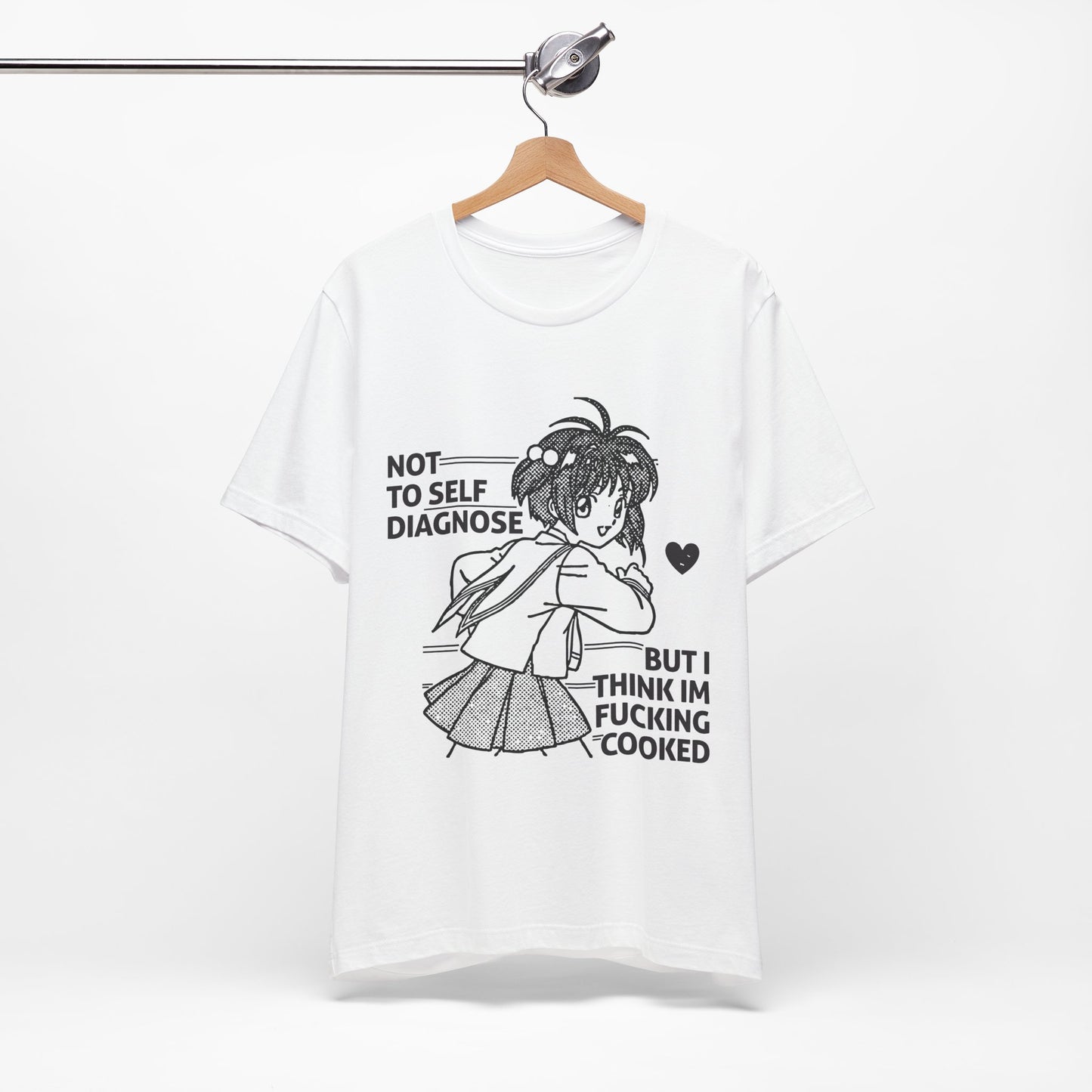 White t-shirt with black graphic and text on a white background