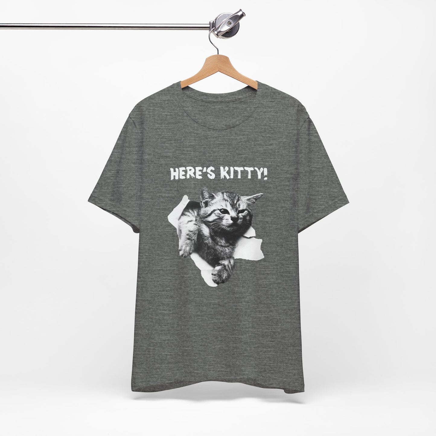 Gray t-shirt with a cat graphic and 'HERE'S KITTY!' text on a hanger against a white background