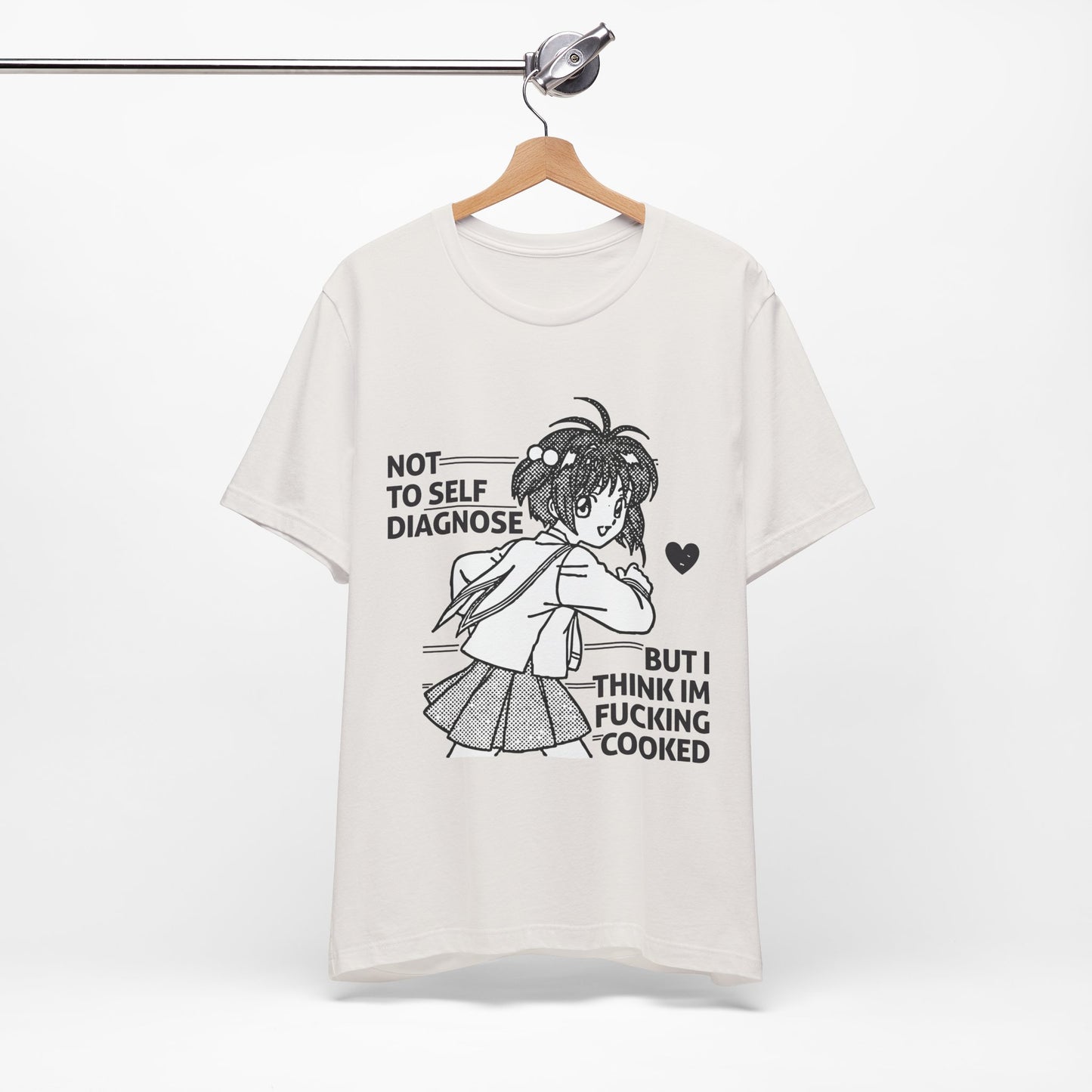 White t-shirt with graphic design and text on a white background