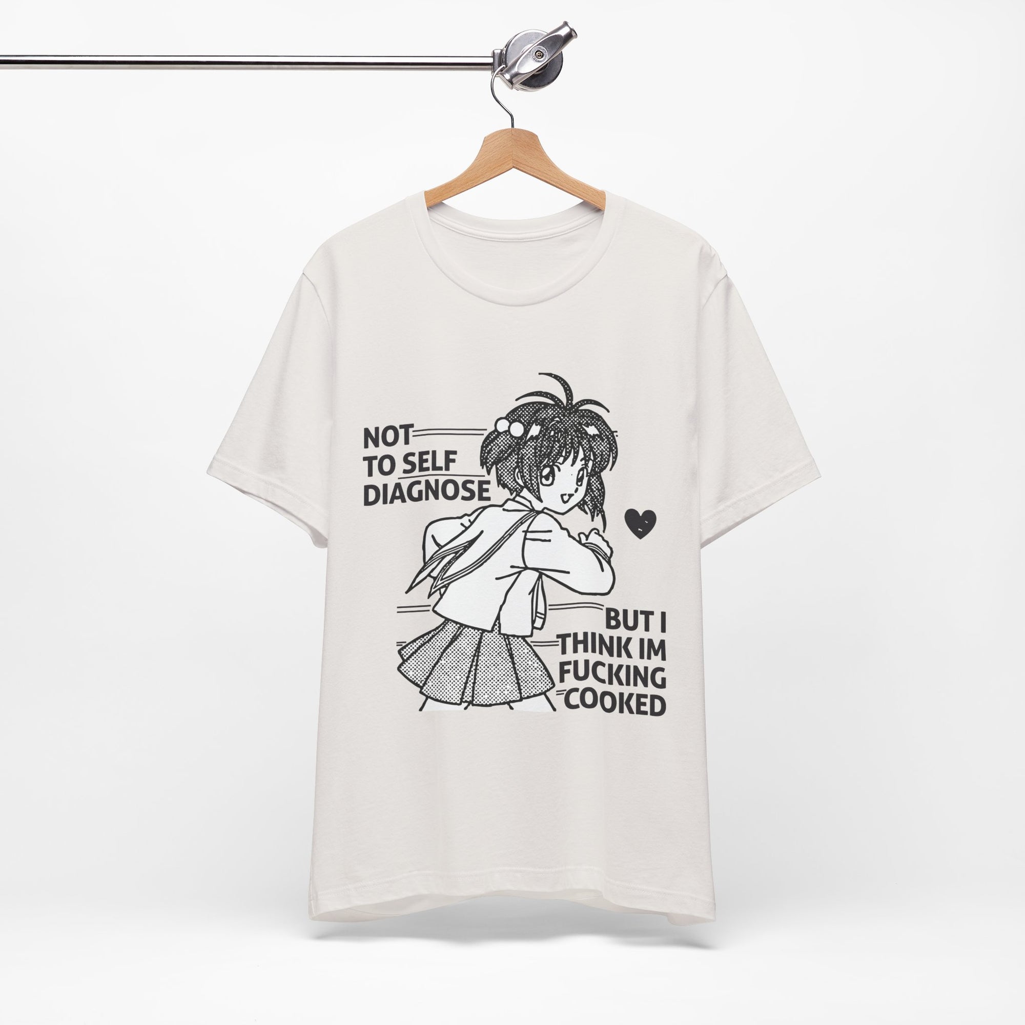 White t-shirt with graphic design and text on a white background