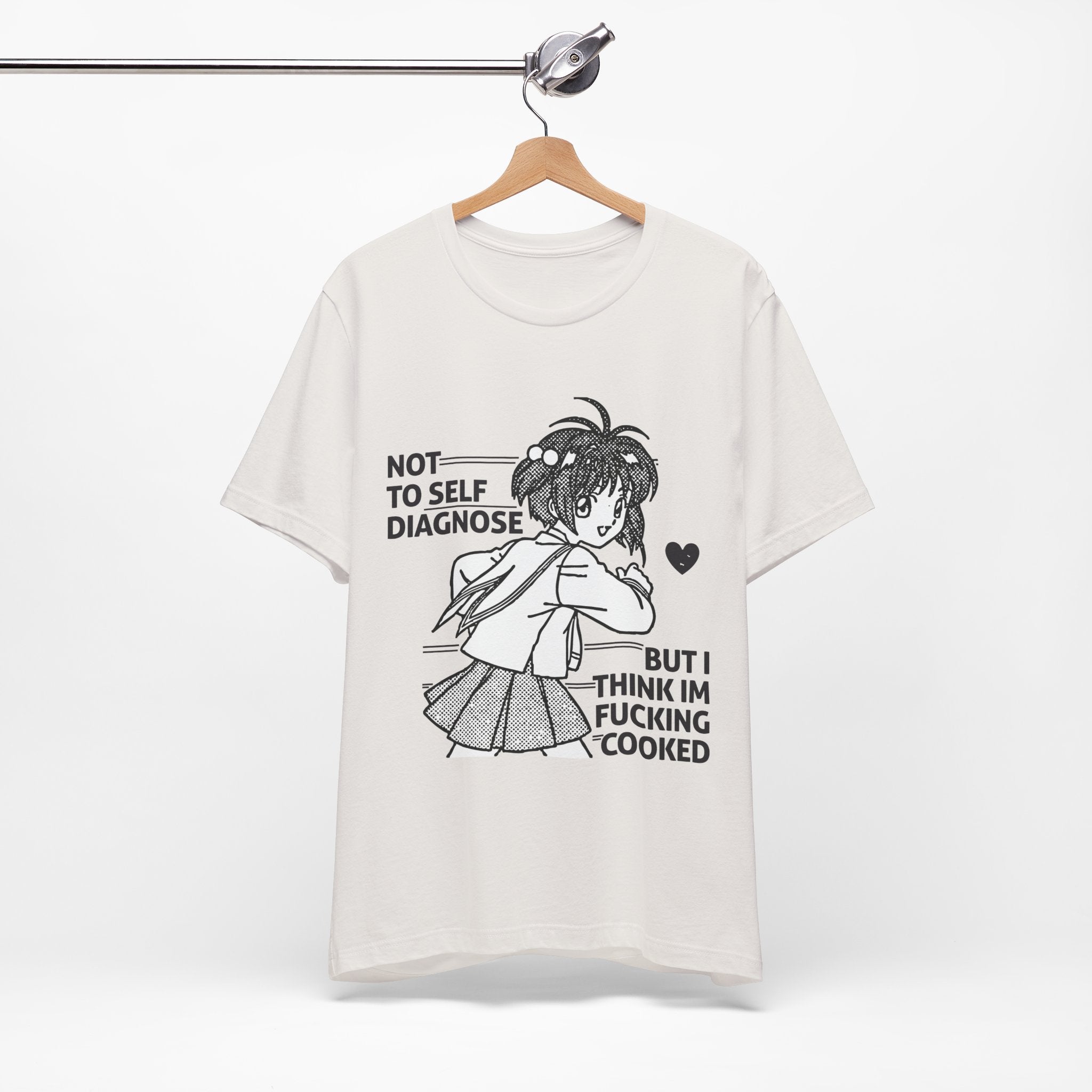 White t-shirt with graphic design and text on a white background