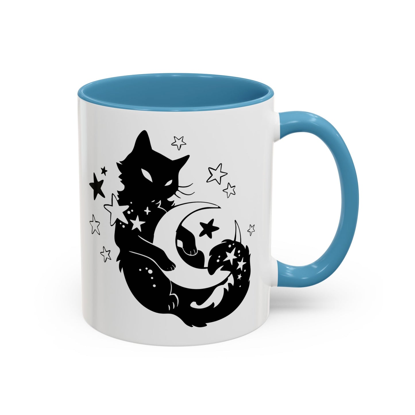 White mug with blue interior and handle featuring a black cat, moon, and star design.