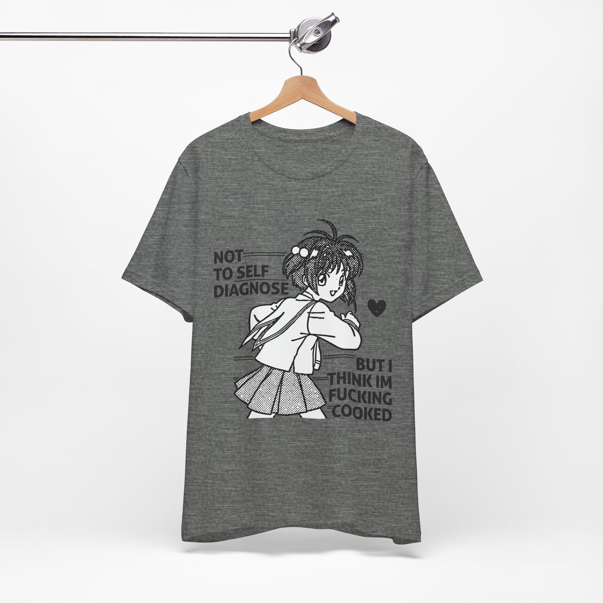 Gray t-shirt with an anime character graphic and text on a hanger against a white background