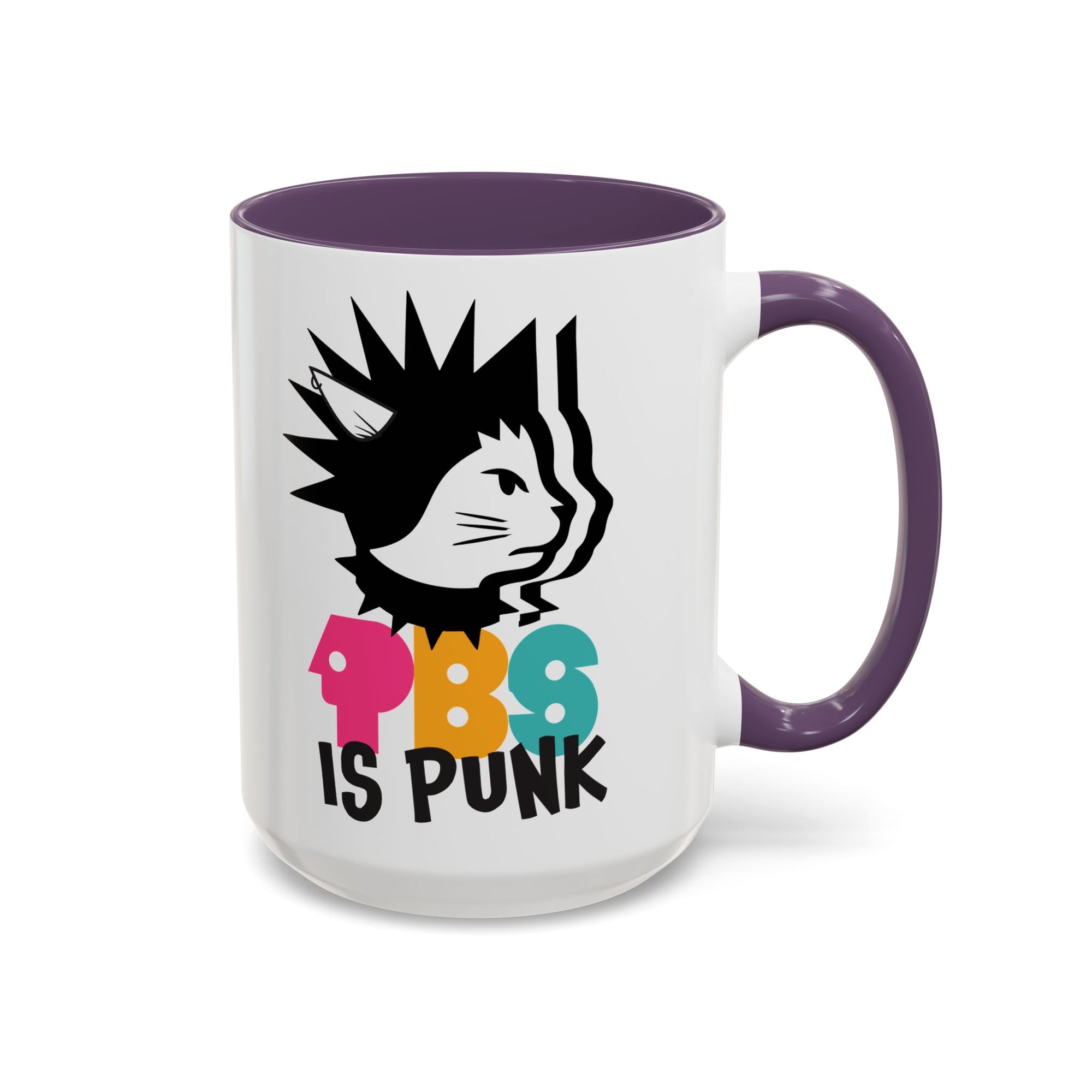 Mug with a design of a cat and text 'PBS is Punk' on a white background