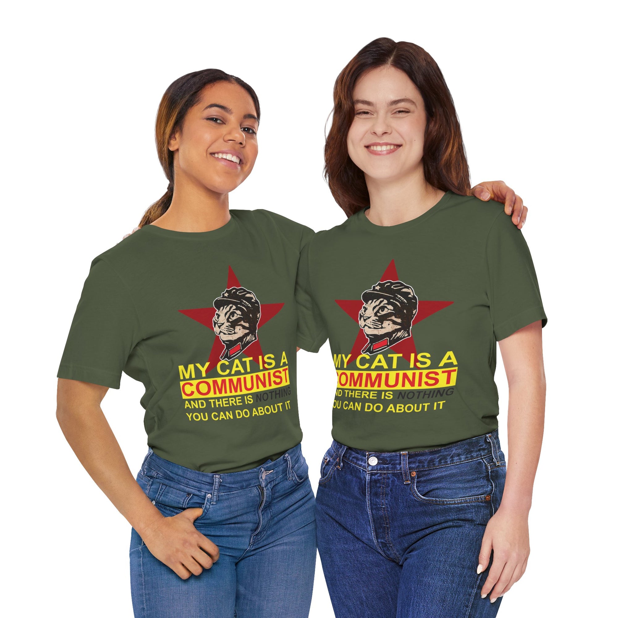 Two people wearing green t-shirts with a graphic and text about a cat being a communist.