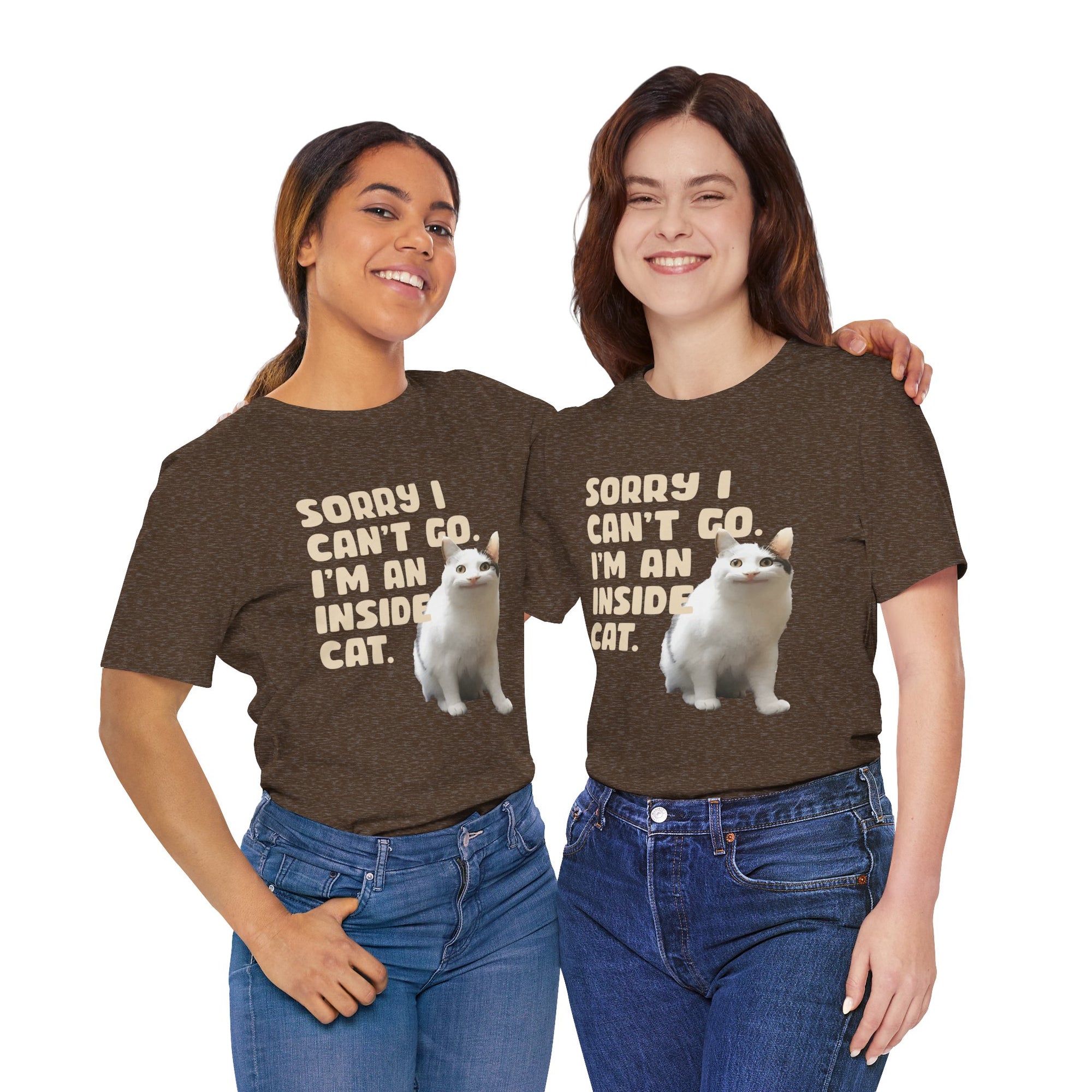 Two people wearing matching t-shirts with a skull design and text.