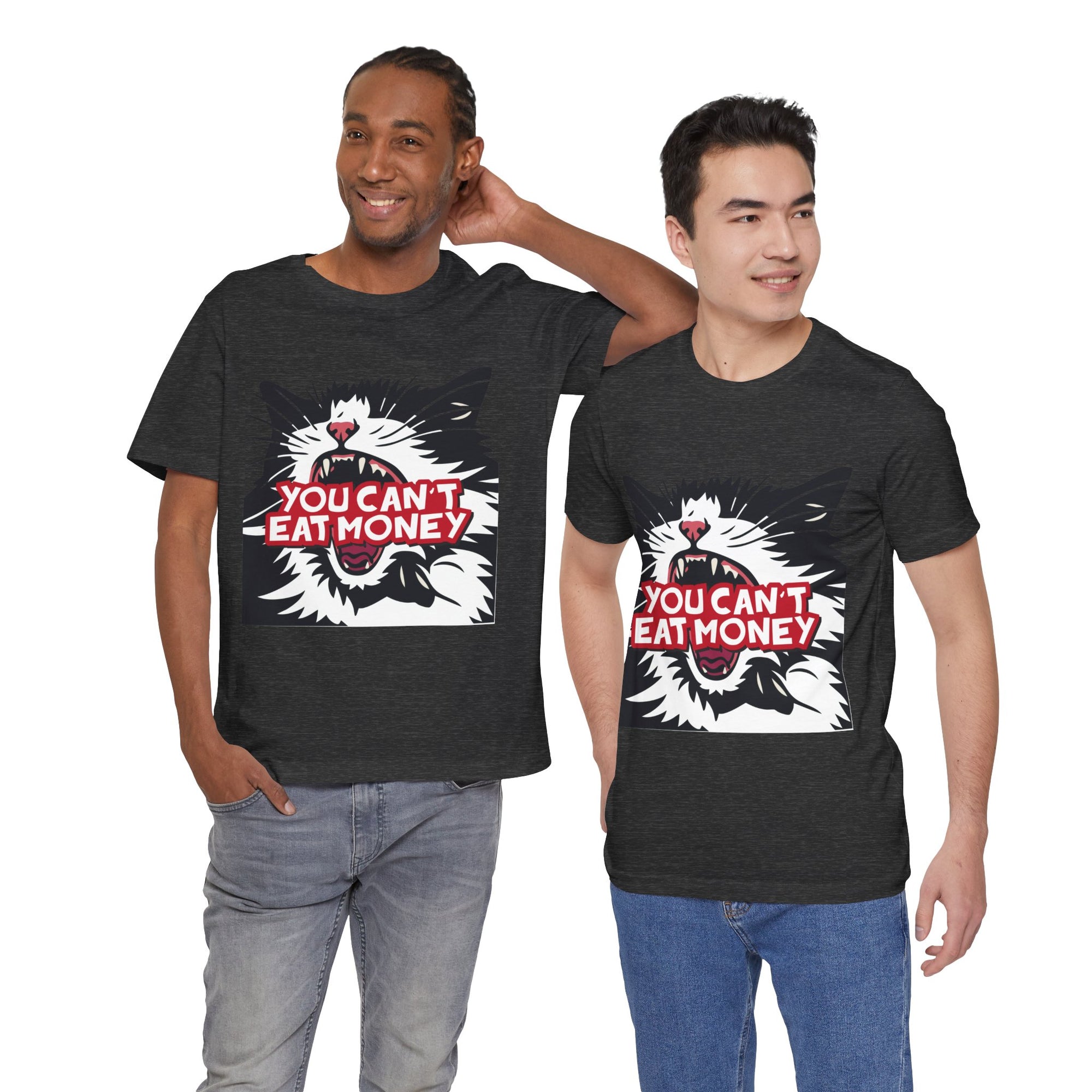Two men wearing black t-shirts with a cat graphic design and text on a white background