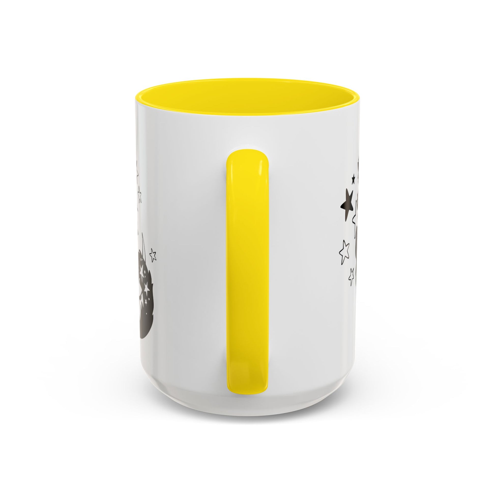White mug with a yellow handle and interior on a white background