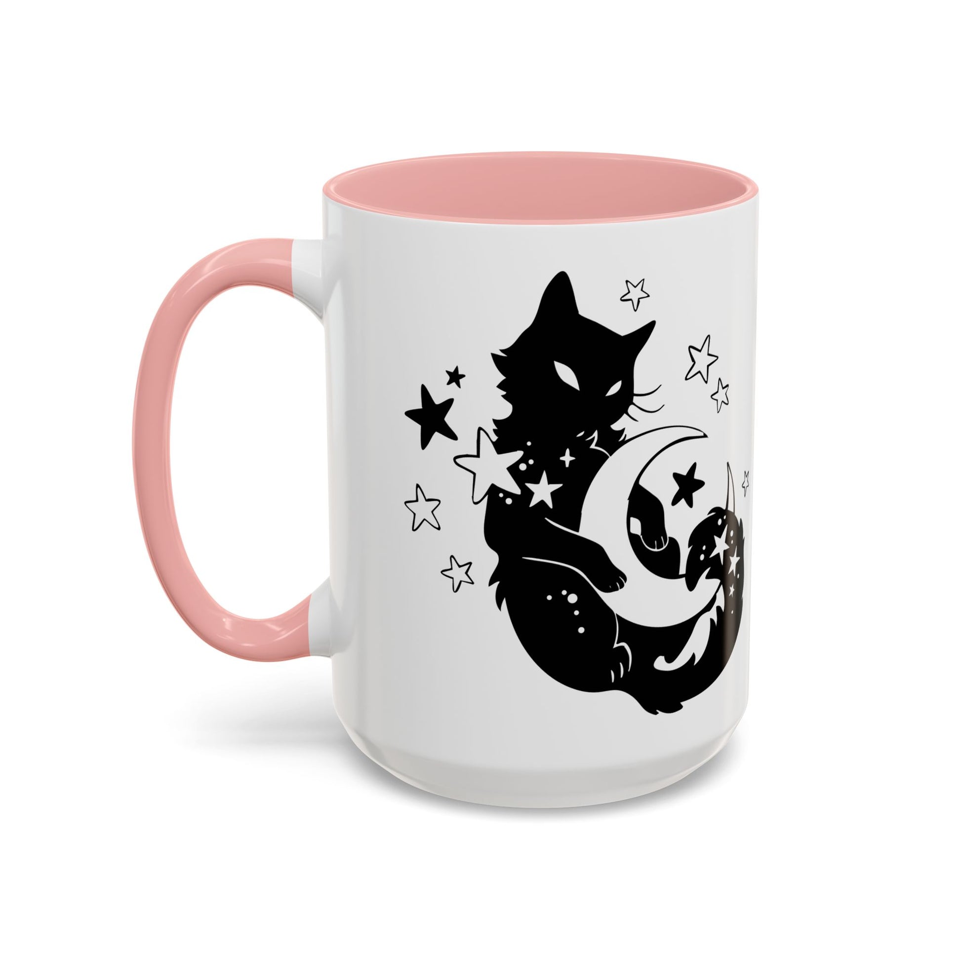 White mug with pink interior and handle, featuring a black cat and moon design.