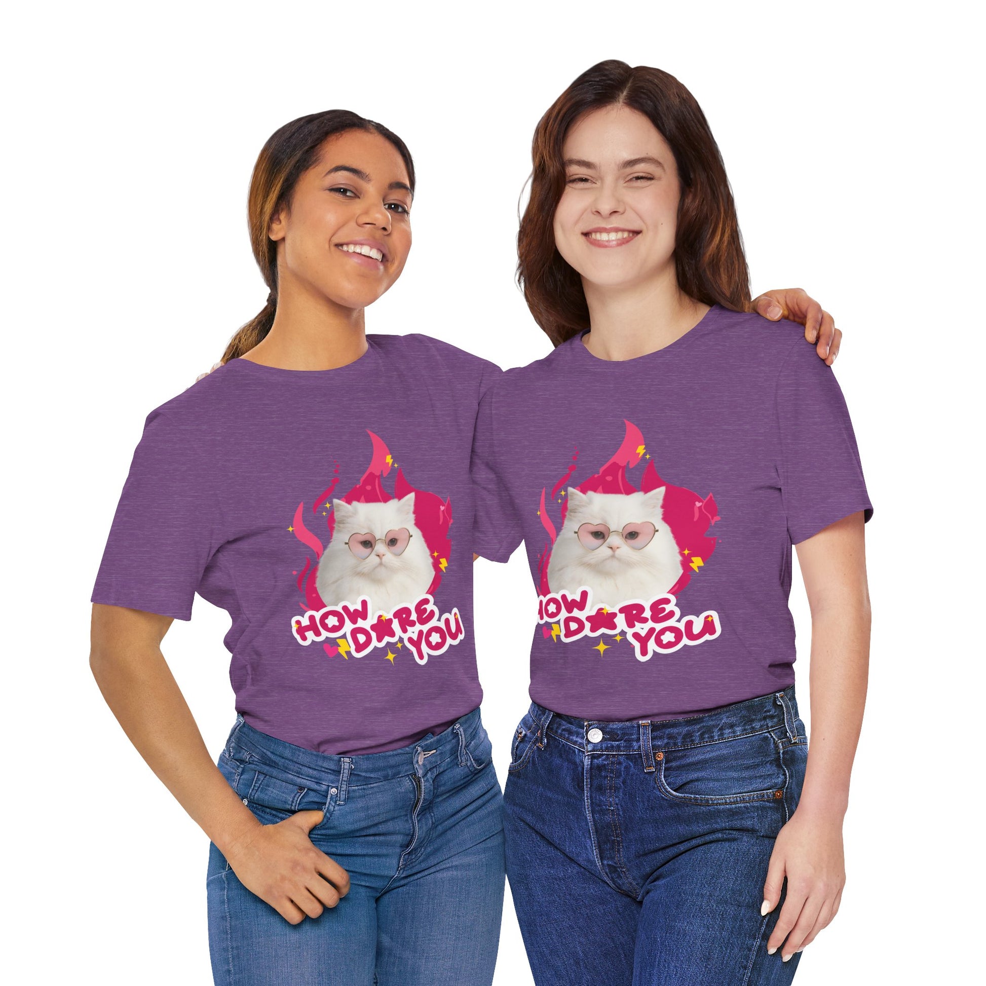Two people wearing purple t-shirts with a cat graphic and text on a white background