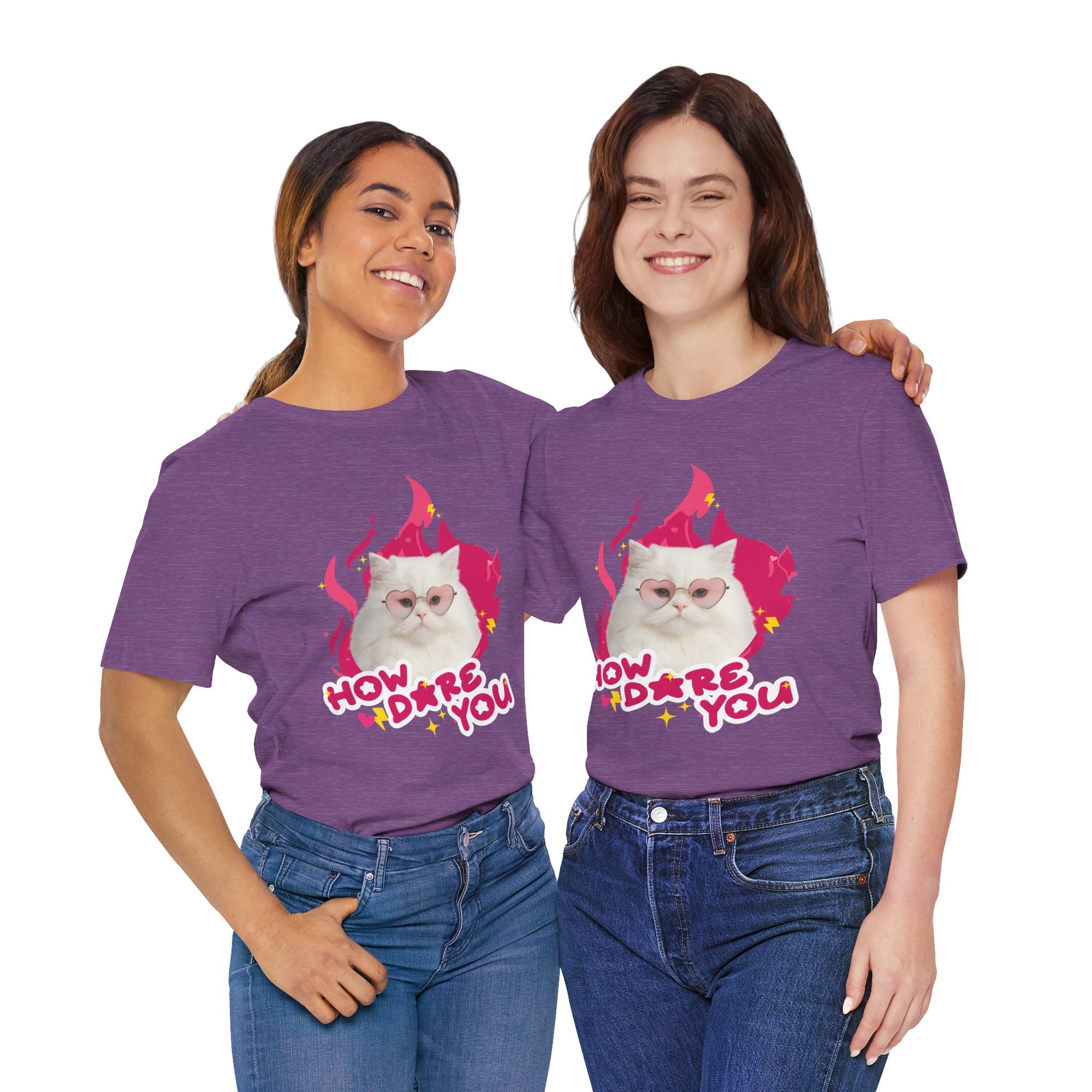 Two people wearing purple t-shirts with a cat graphic and text on a white background