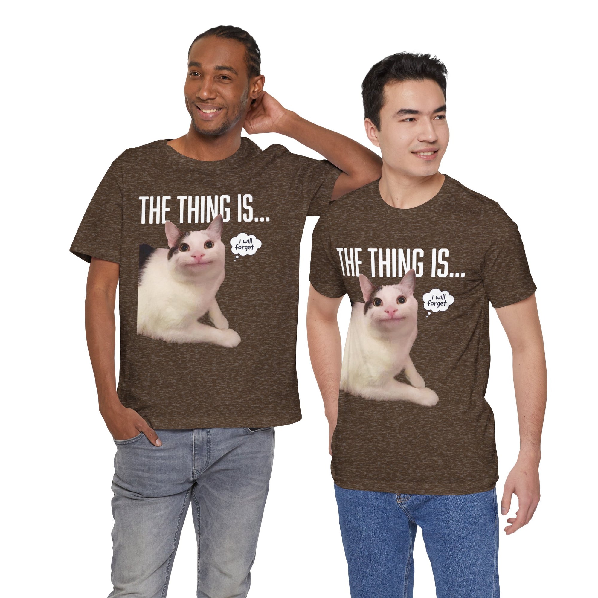 Two men wearing brown t-shirts with a cat graphic and text on a white background