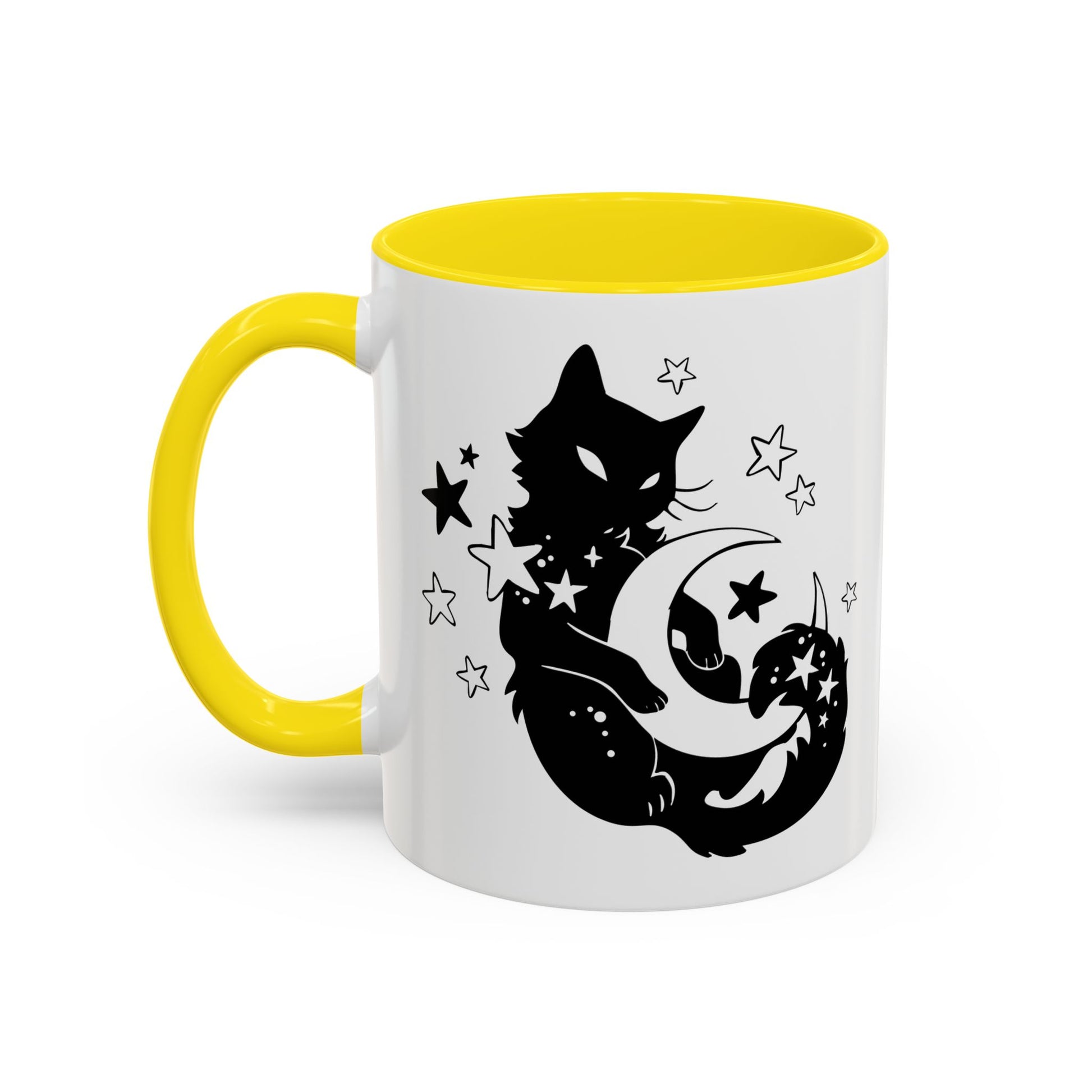 Mug with a black cat and moon design on a white background