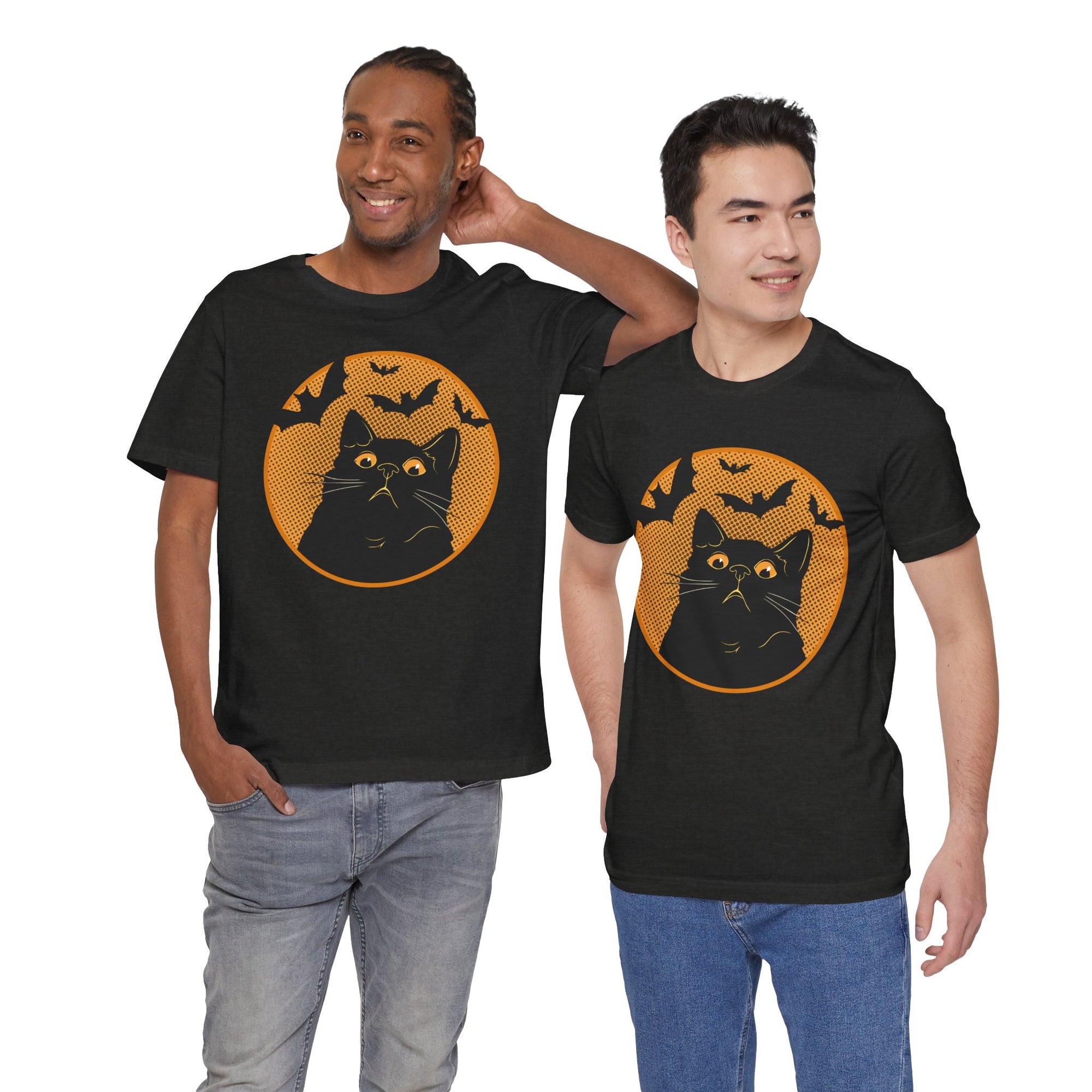 Two men wearing black t-shirts with a Halloween cat themed design of a cat and bats.