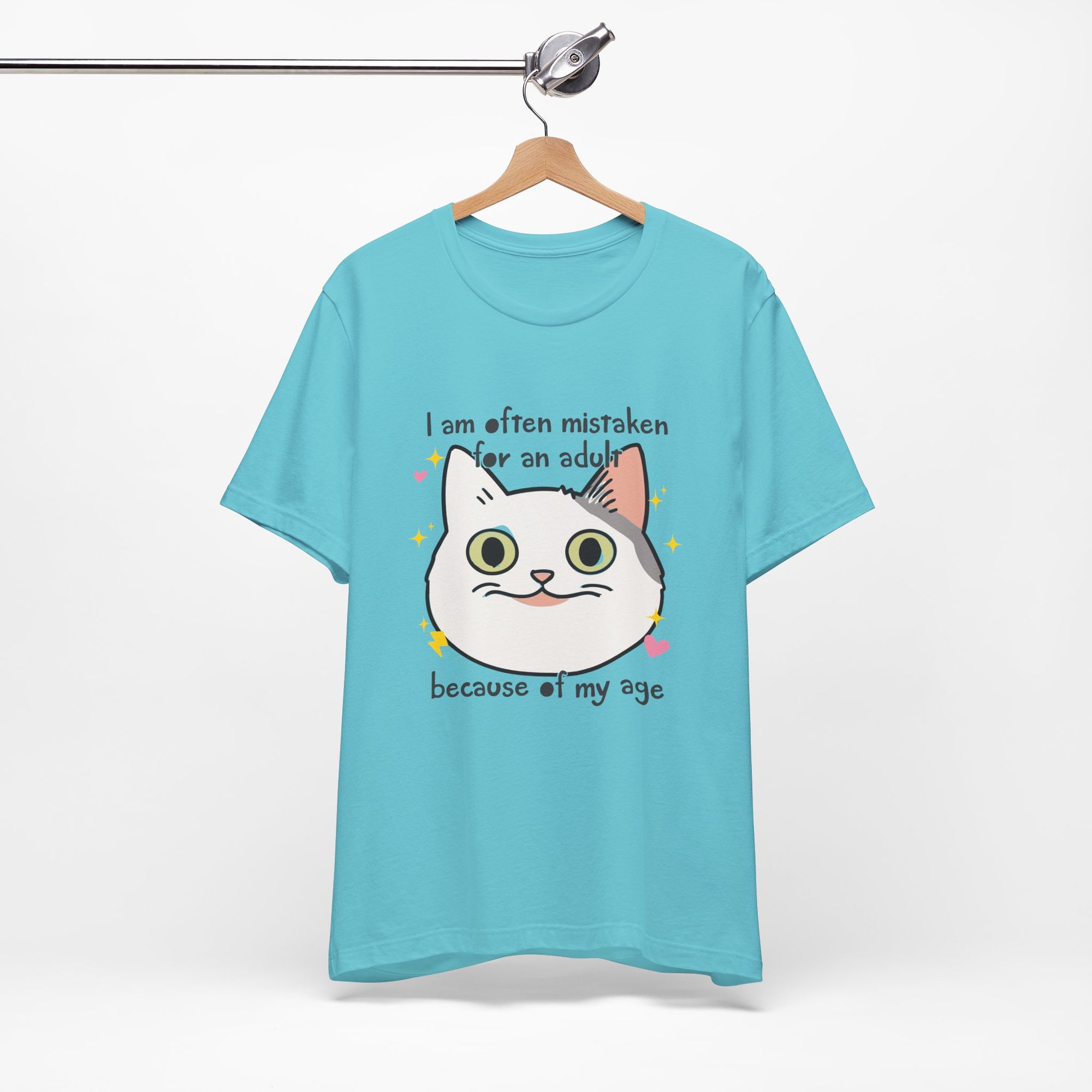 Turquoise t-shirt with a cat graphic and text on a hanger against a white background