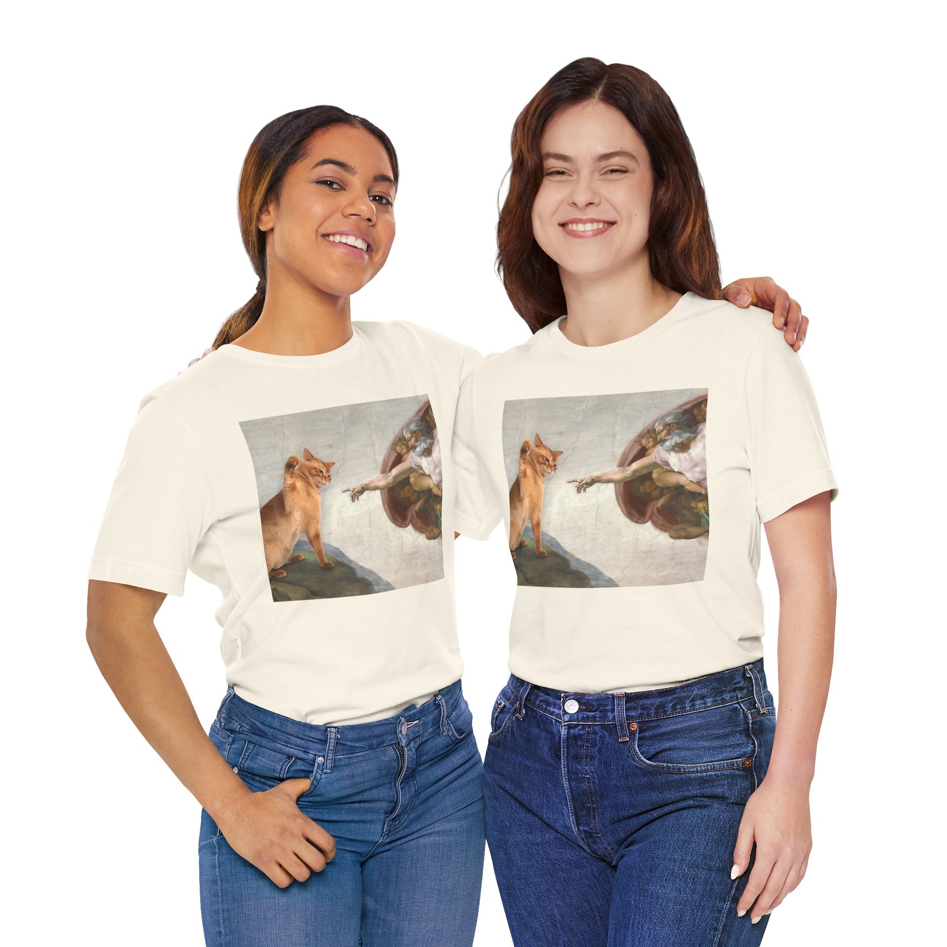 Two people wearing matching white t-shirts with a graphic design on a white background