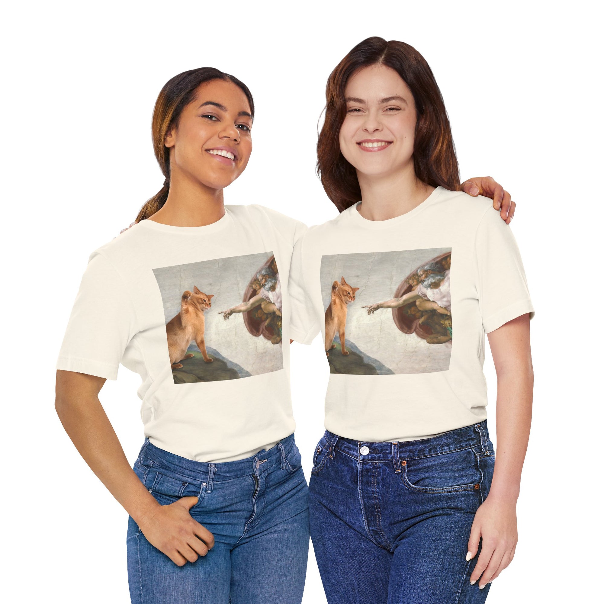Two people wearing matching white t-shirts with a graphic design on a white background