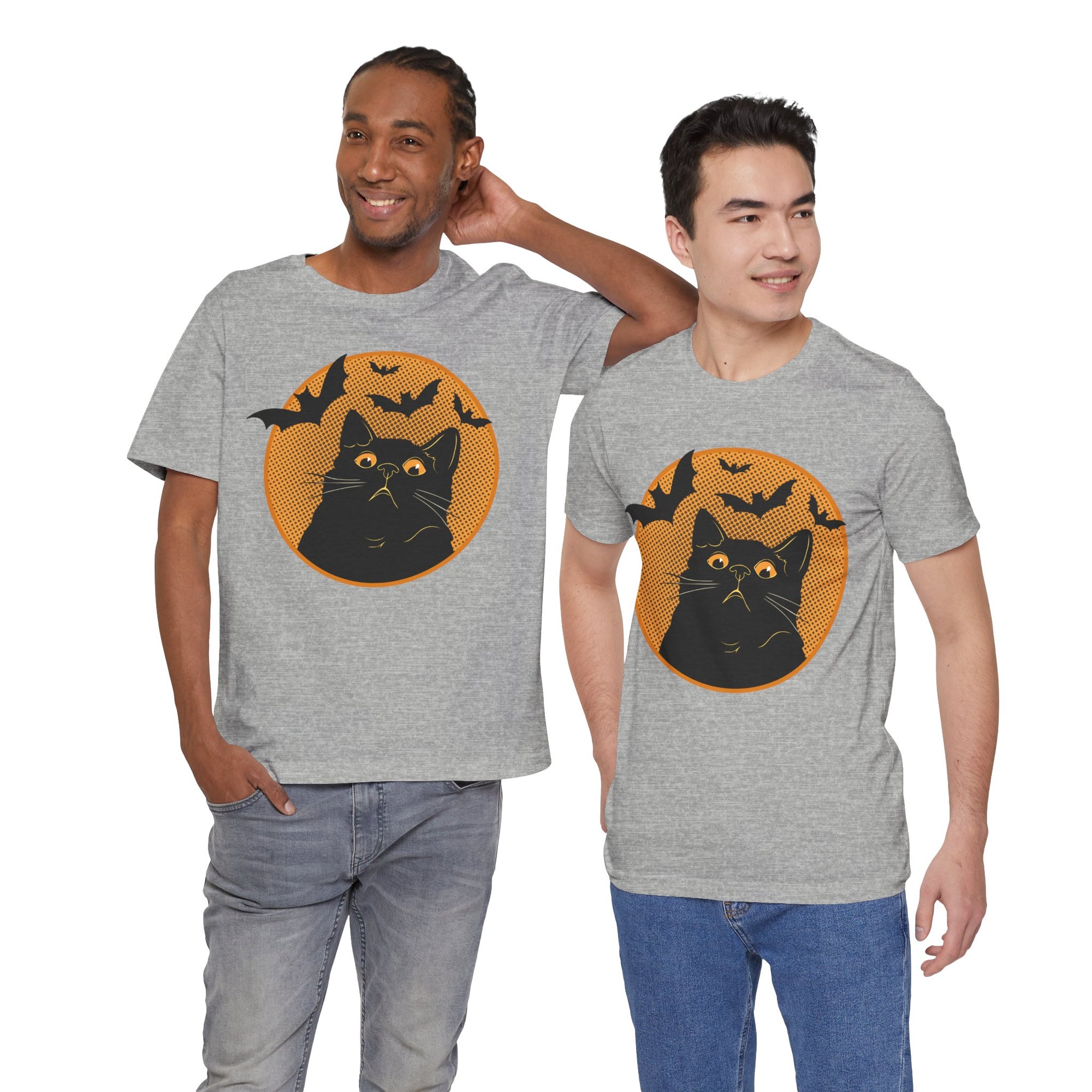 Two men wearing gray t-shirts with a black cat and bat design on a white background