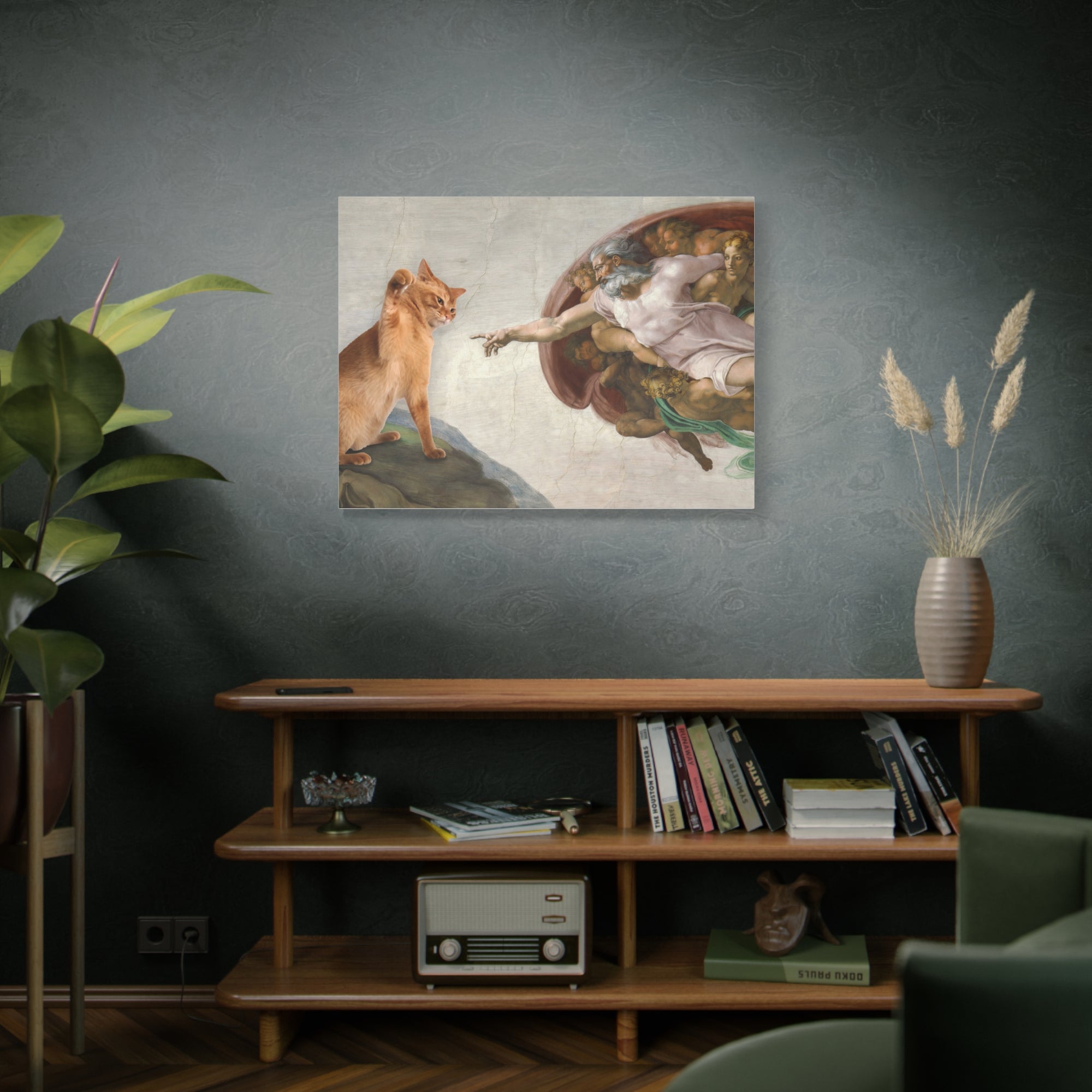 Framed artwork of a classical scene on a wall above a wooden shelf with books and decor.