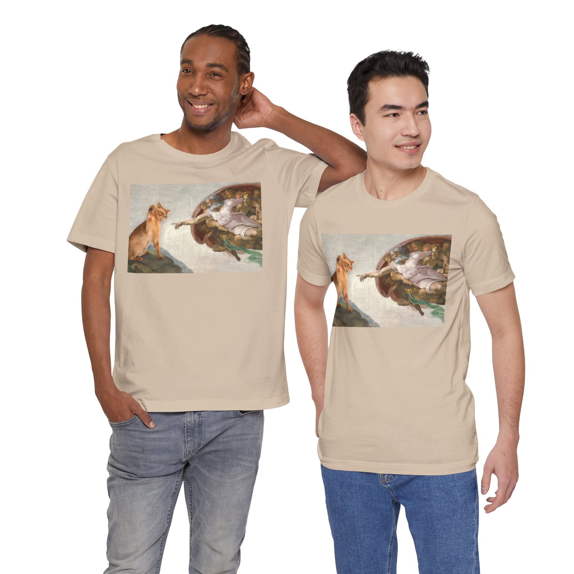 Two men wearing beige t-shirts with a graphic design of acat and god on a white background.