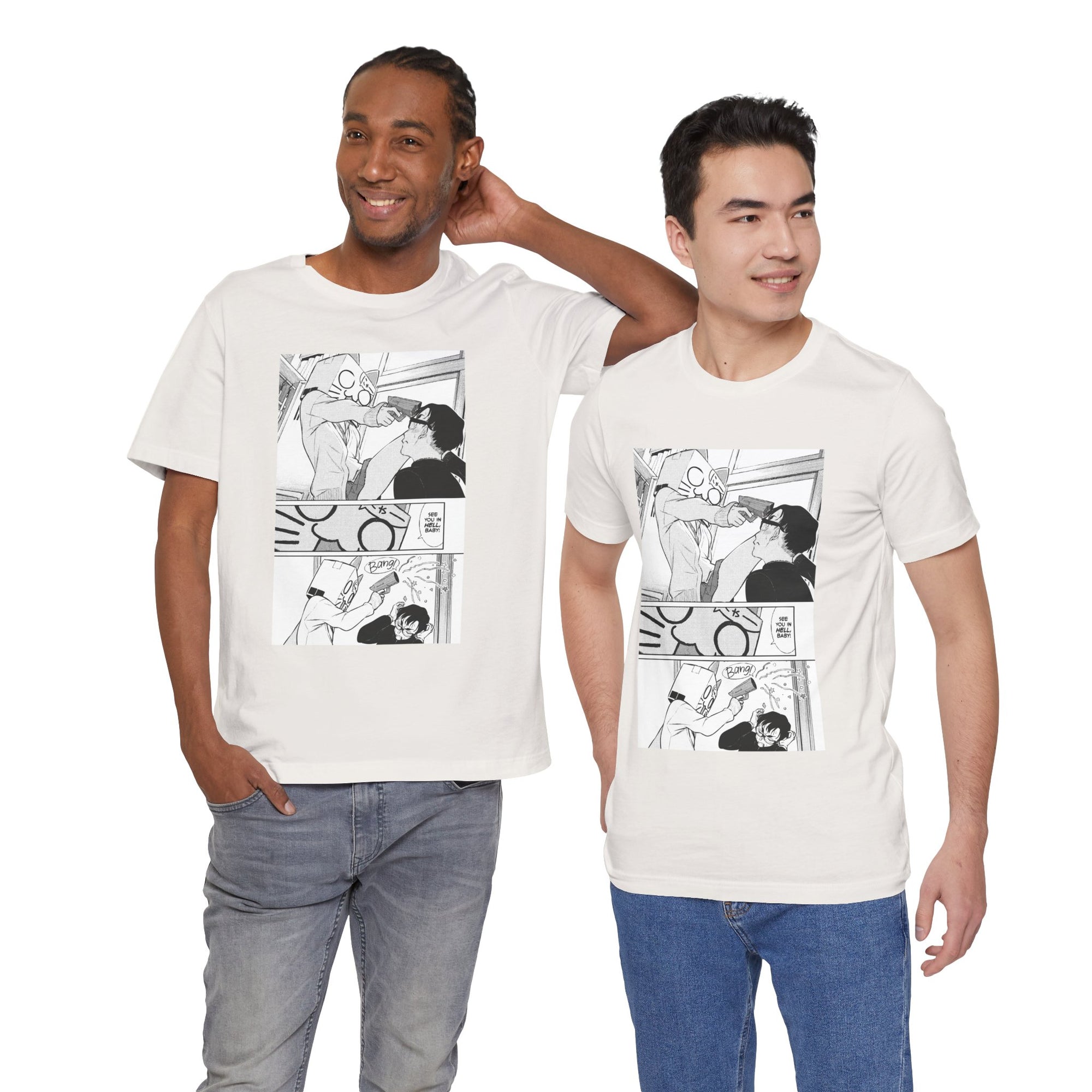 Two men wearing white t-shirts with comic book design on a white background