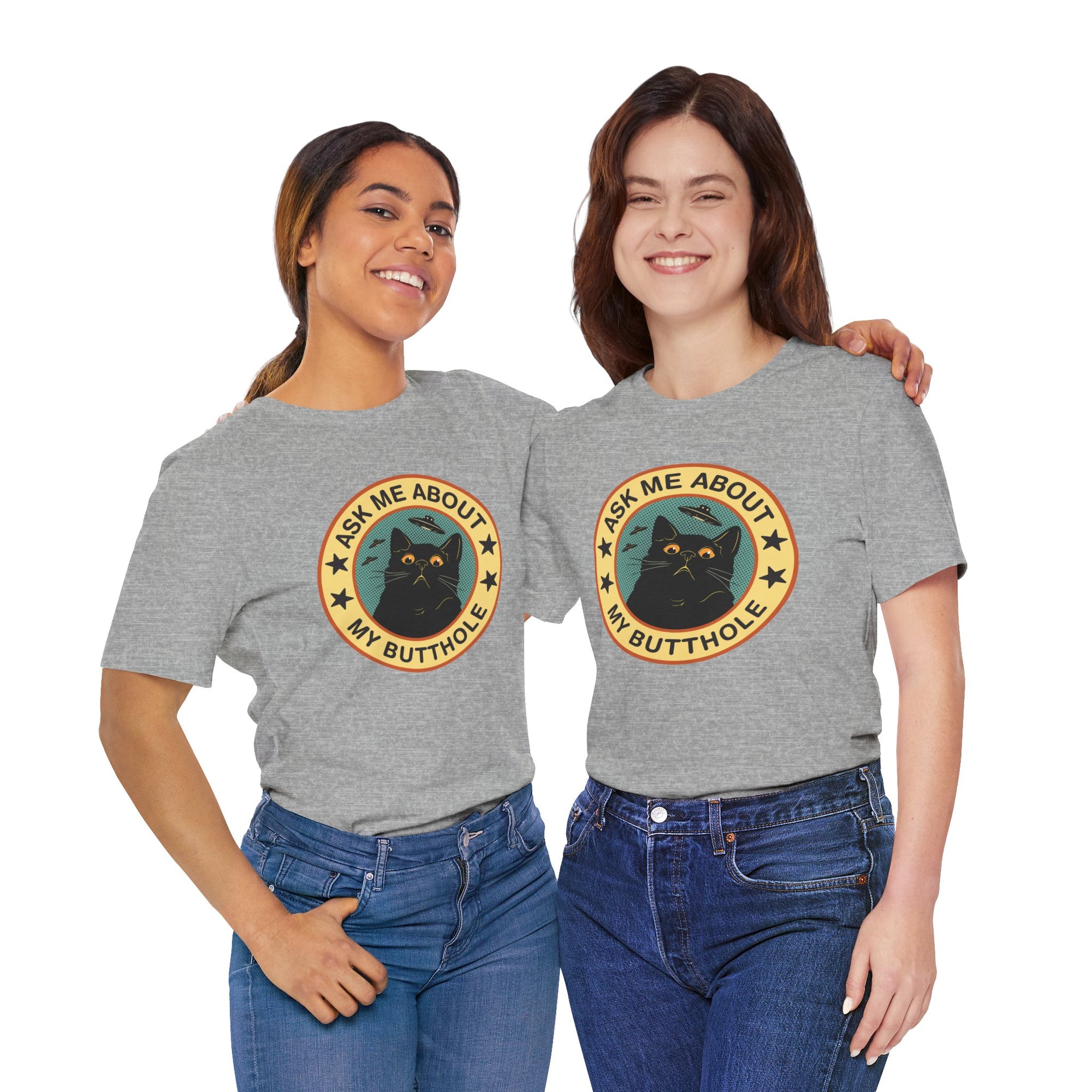 Two people wearing gray t-shirts with a black cat graphic and text on a white background