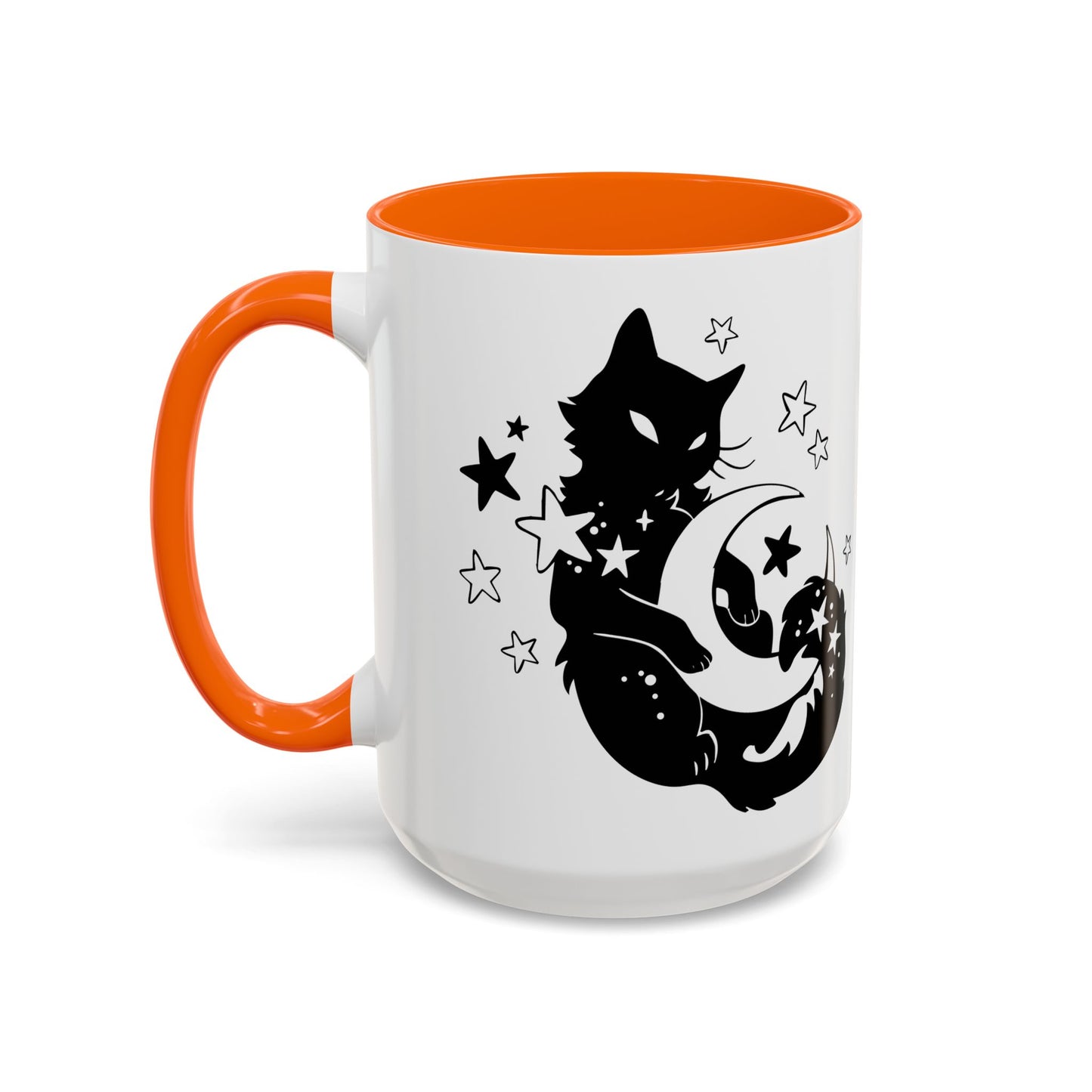 White mug with orange interior and handle, featuring a black cat and moon design.