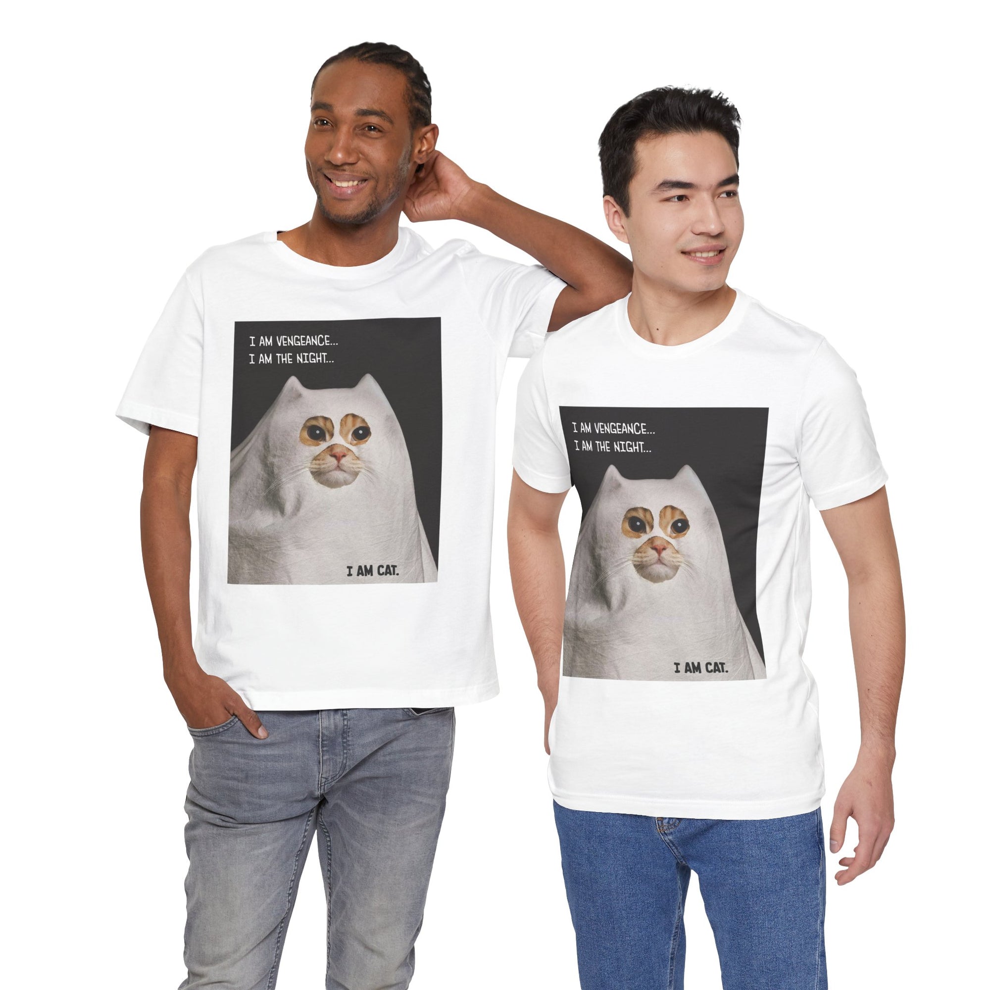 Two men wearing t-shirts with a cat graphic and text.