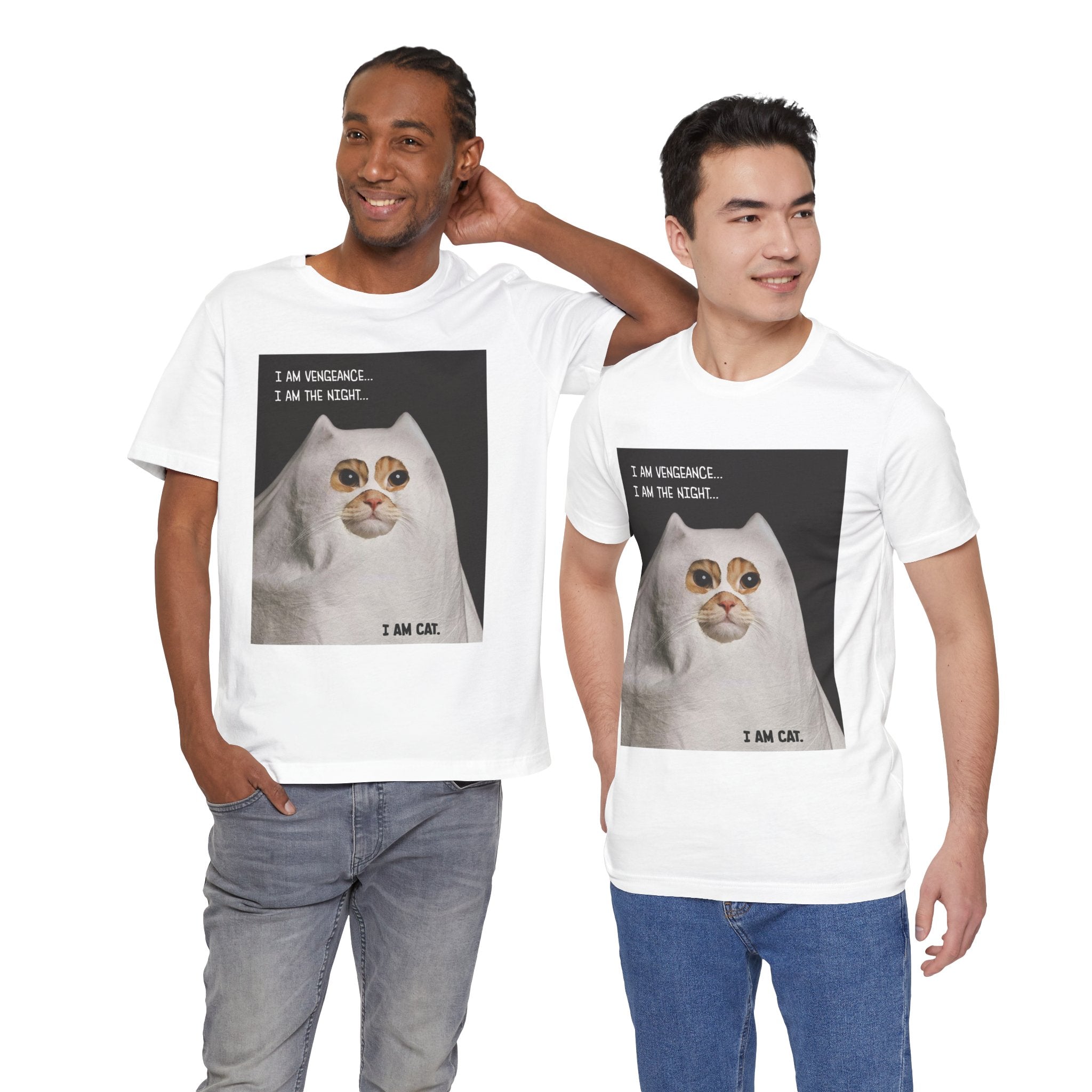 Two men wearing t-shirts with a cat graphic and text.
