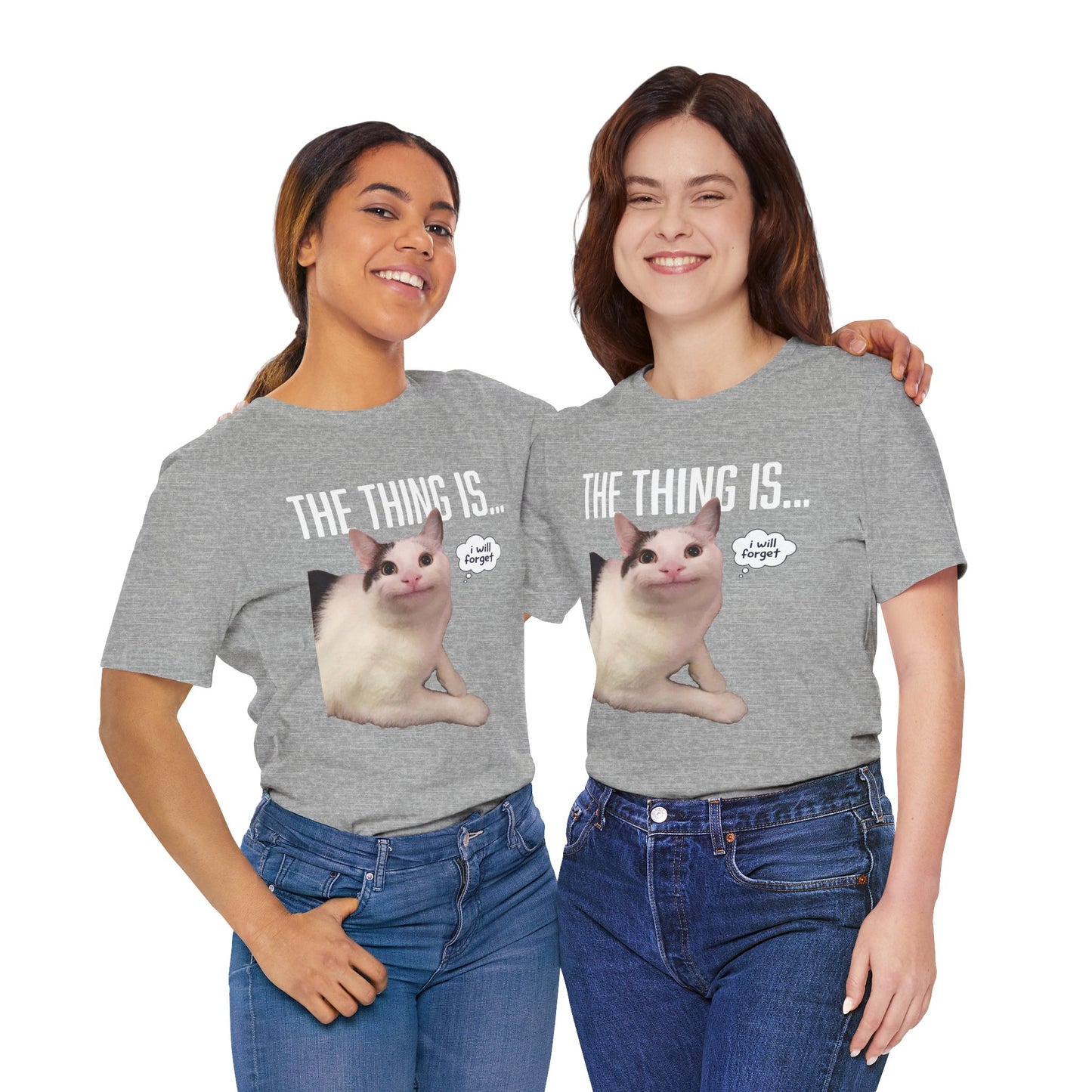 Two people wearing gray t-shirts with a cat graphic and text on a white background