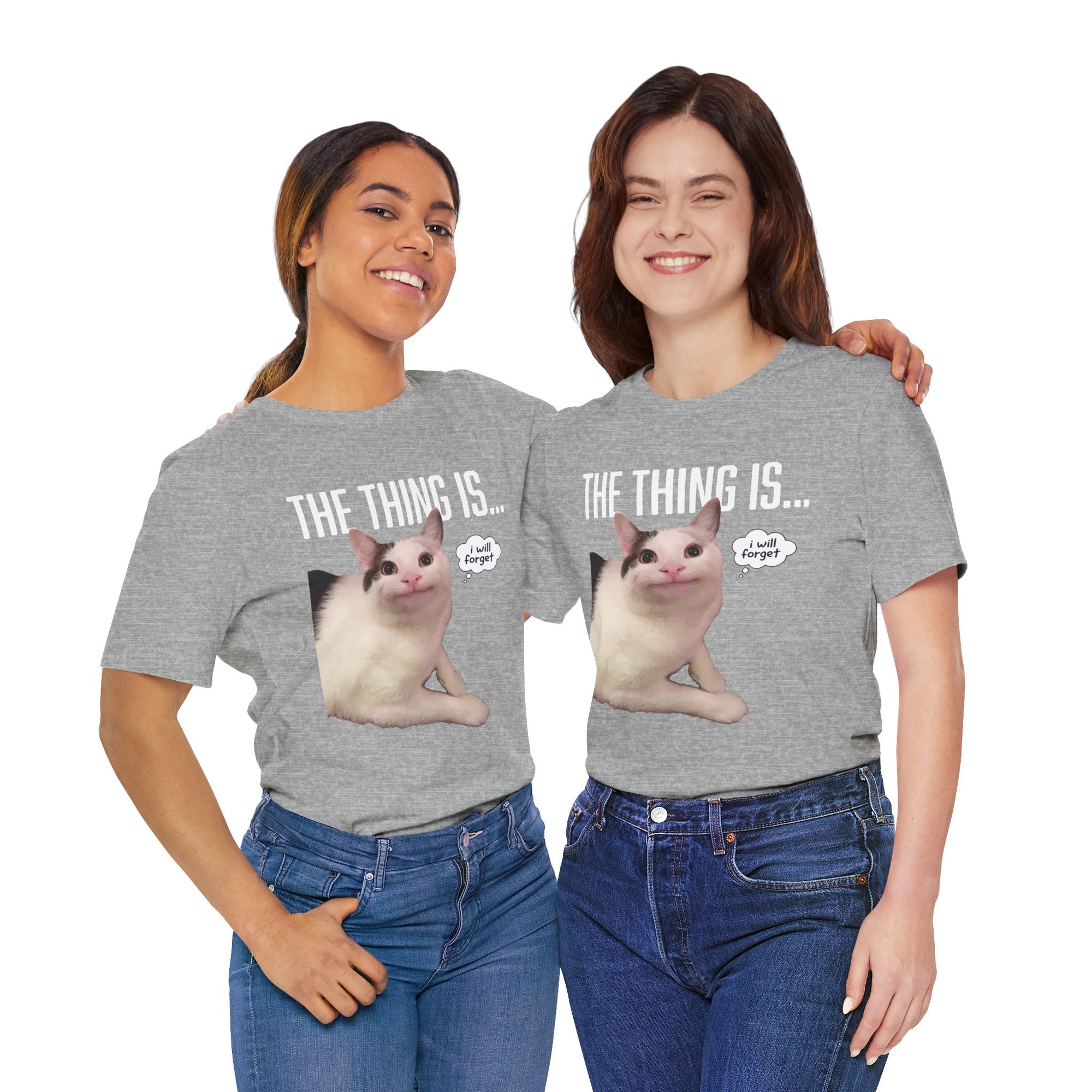 Two people wearing gray t-shirts with a cat graphic and text on a white background
