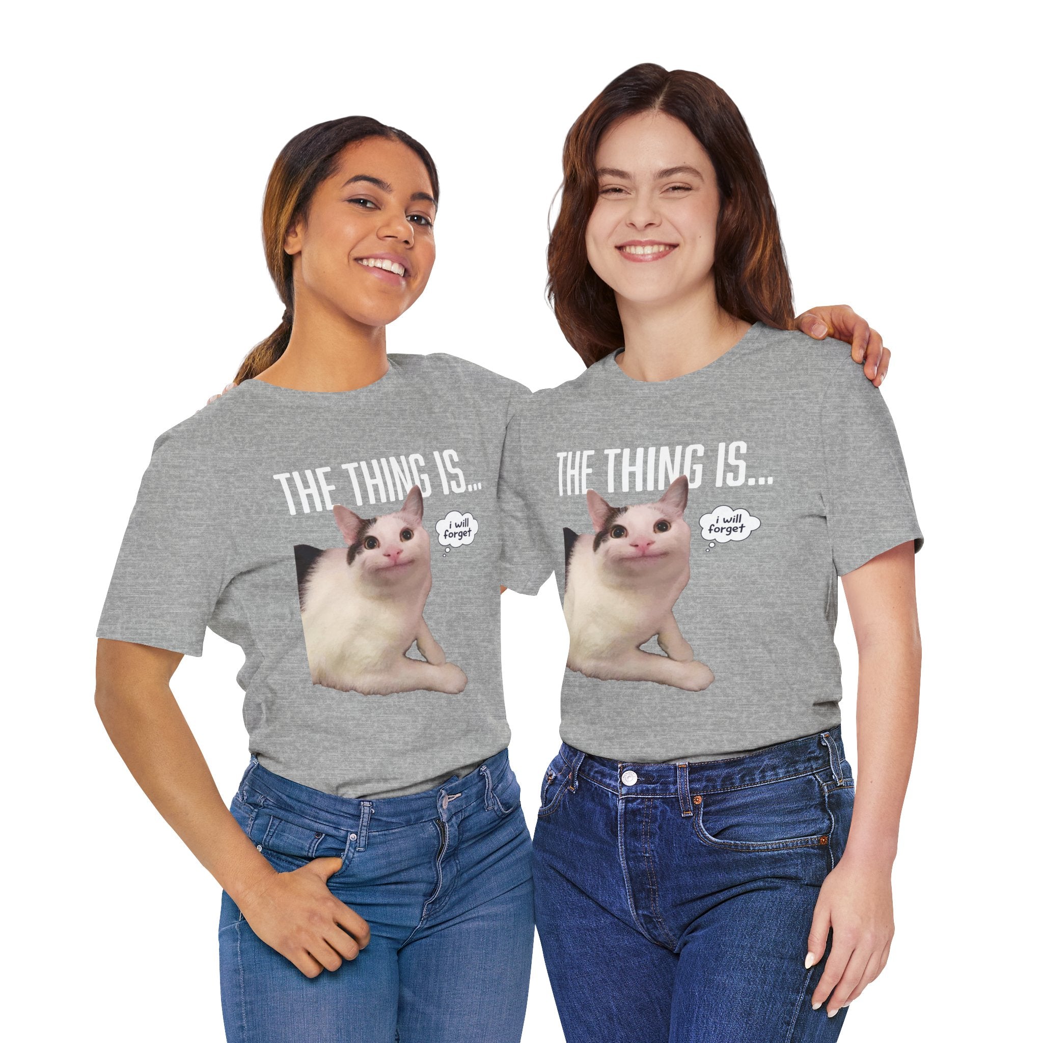 Two people wearing gray t-shirts with a cat graphic and text on a white background
