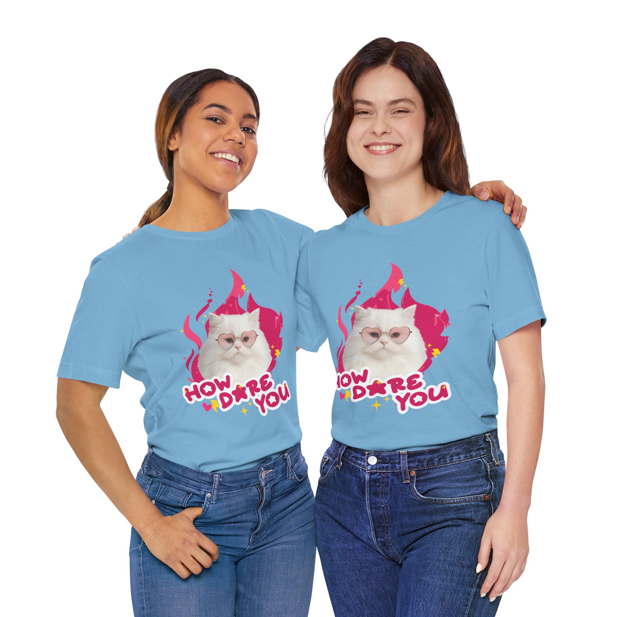 Two people wearing blue t-shirts with a cat graphic and text on a white background