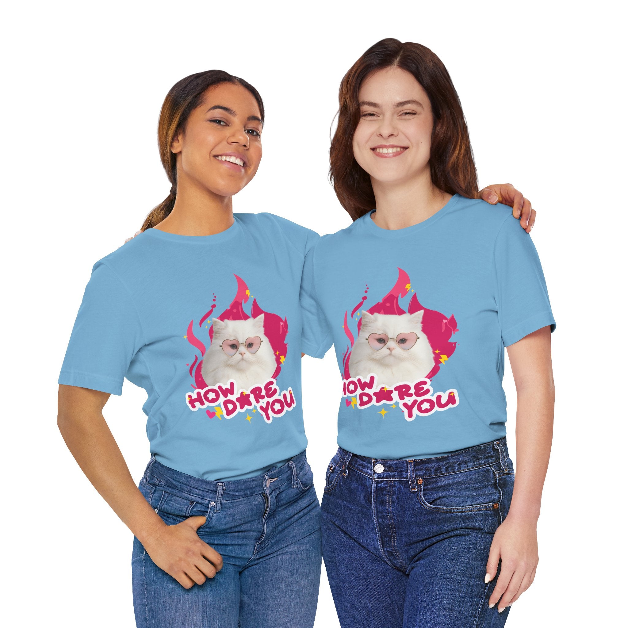 Two people wearing blue t-shirts with a cat graphic and text on a white background