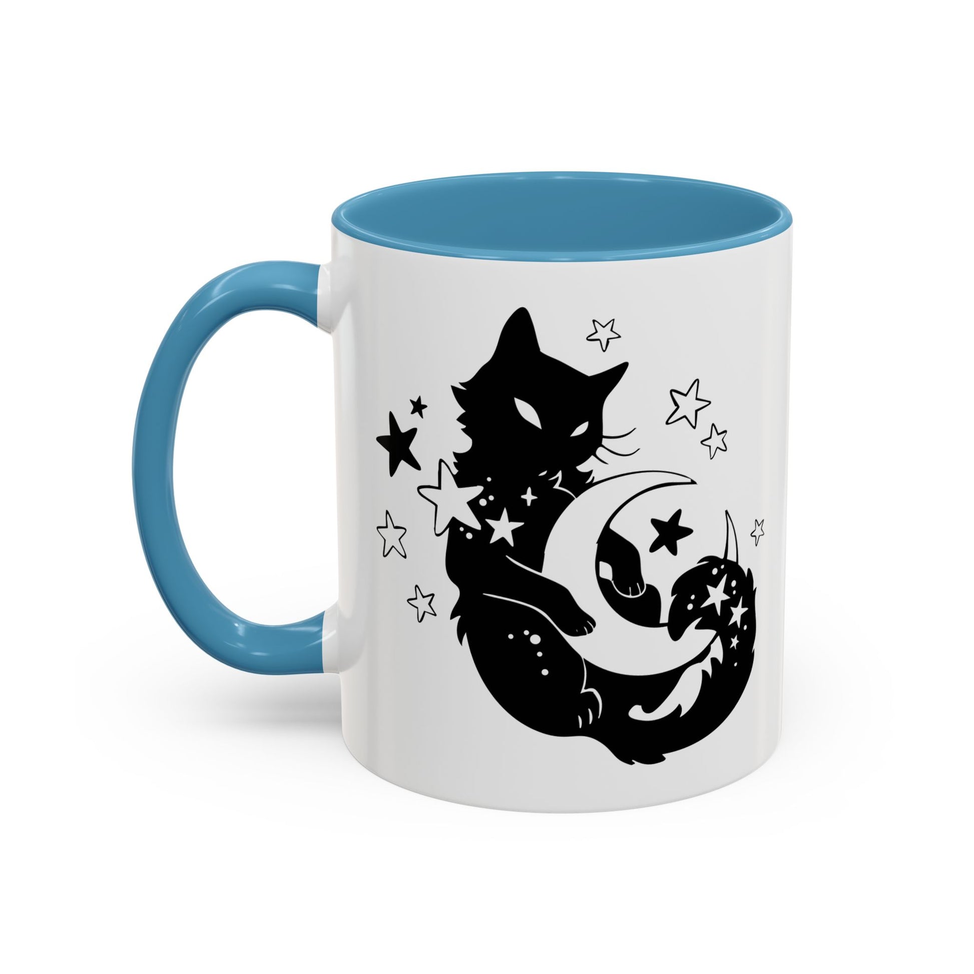 Mug with a black cat and moon design on a white background